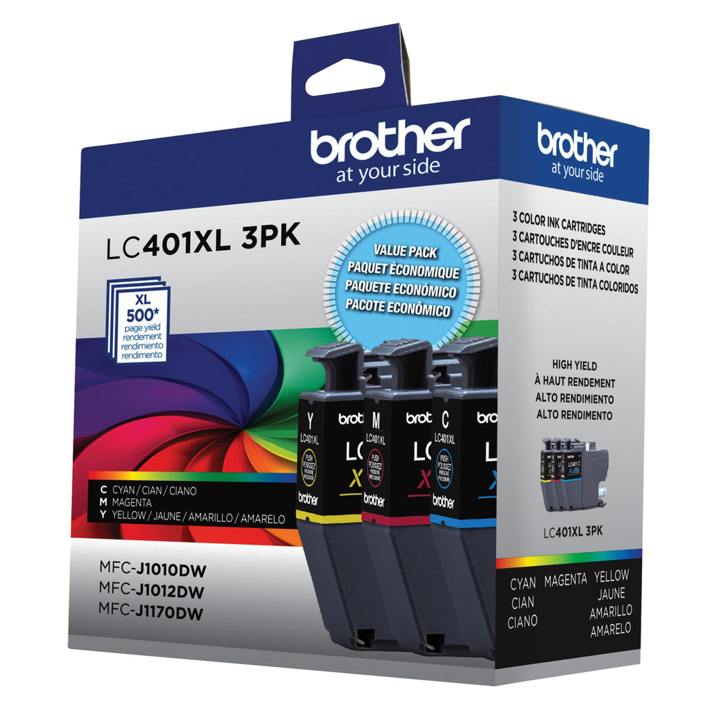 Brother Genuine LC401XL 3PK High Yield 3-Pack Color Ink Cartridges Includes 1- Cartridge Each of Cyan, Magenta and Yellow Ink.