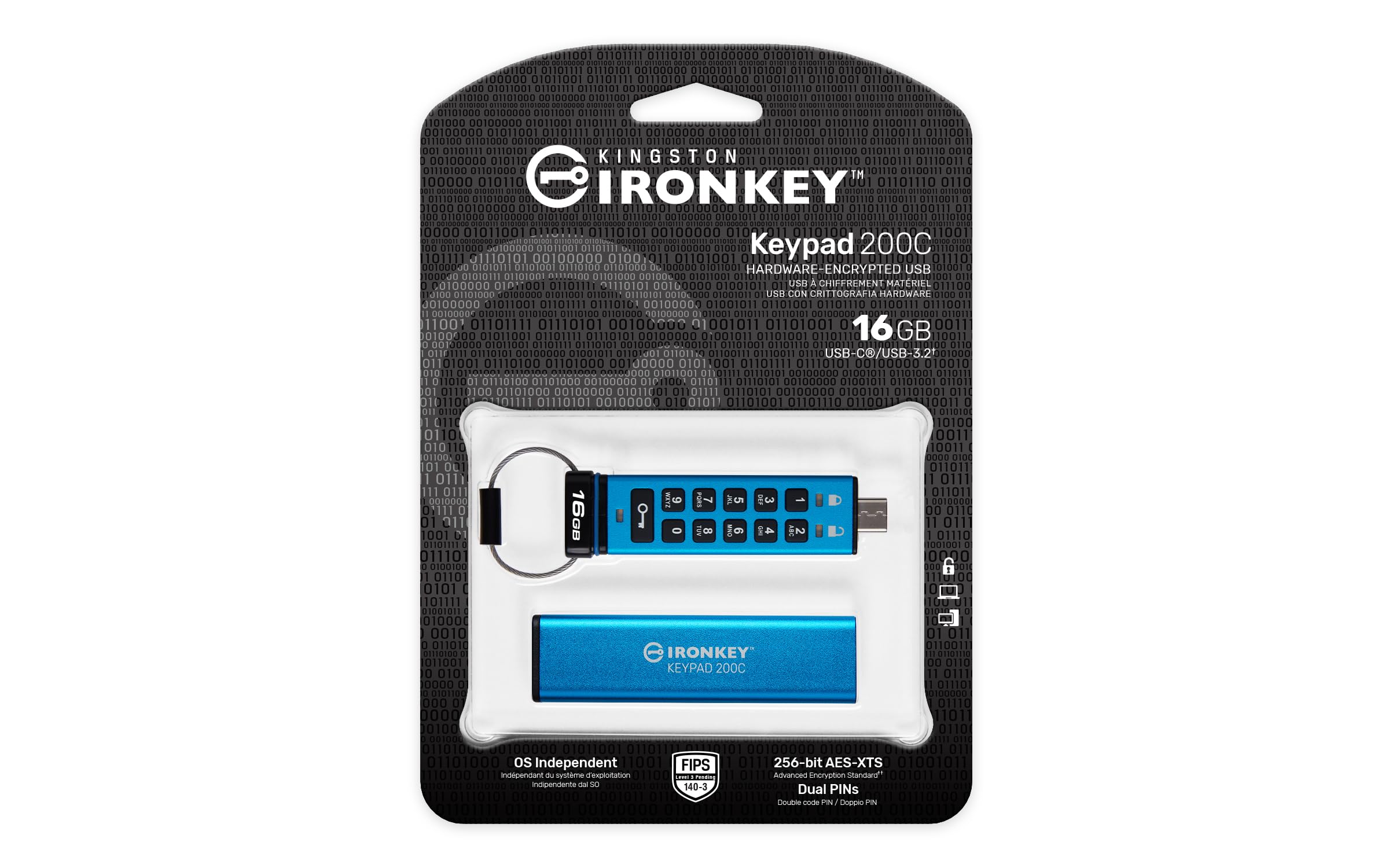 Kingston IronKey Keypad 200C Type-C hardware-encrypted USB Flash Drive FIPS 140-3 Level 3 (Pending) with XTS-AES 256-bit Hardware Encryption -IKKP200C/16GB