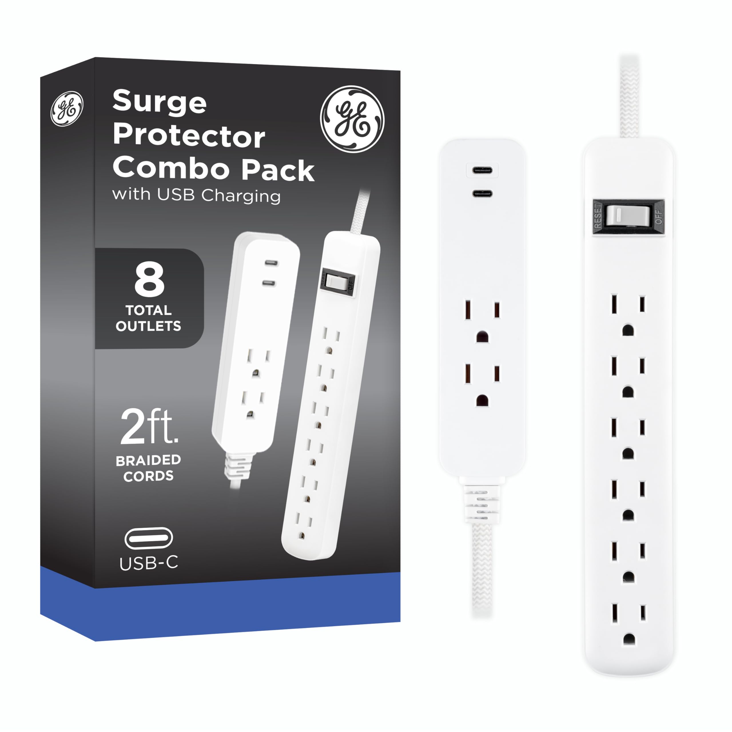 GE 6-Outlet & 2-Outlet Surge Protector Combo Pack with 2 USB-C Ports, 245 Joules, 2ft Braided Cords, Flat Plugs, ETL Certified, White, 86076