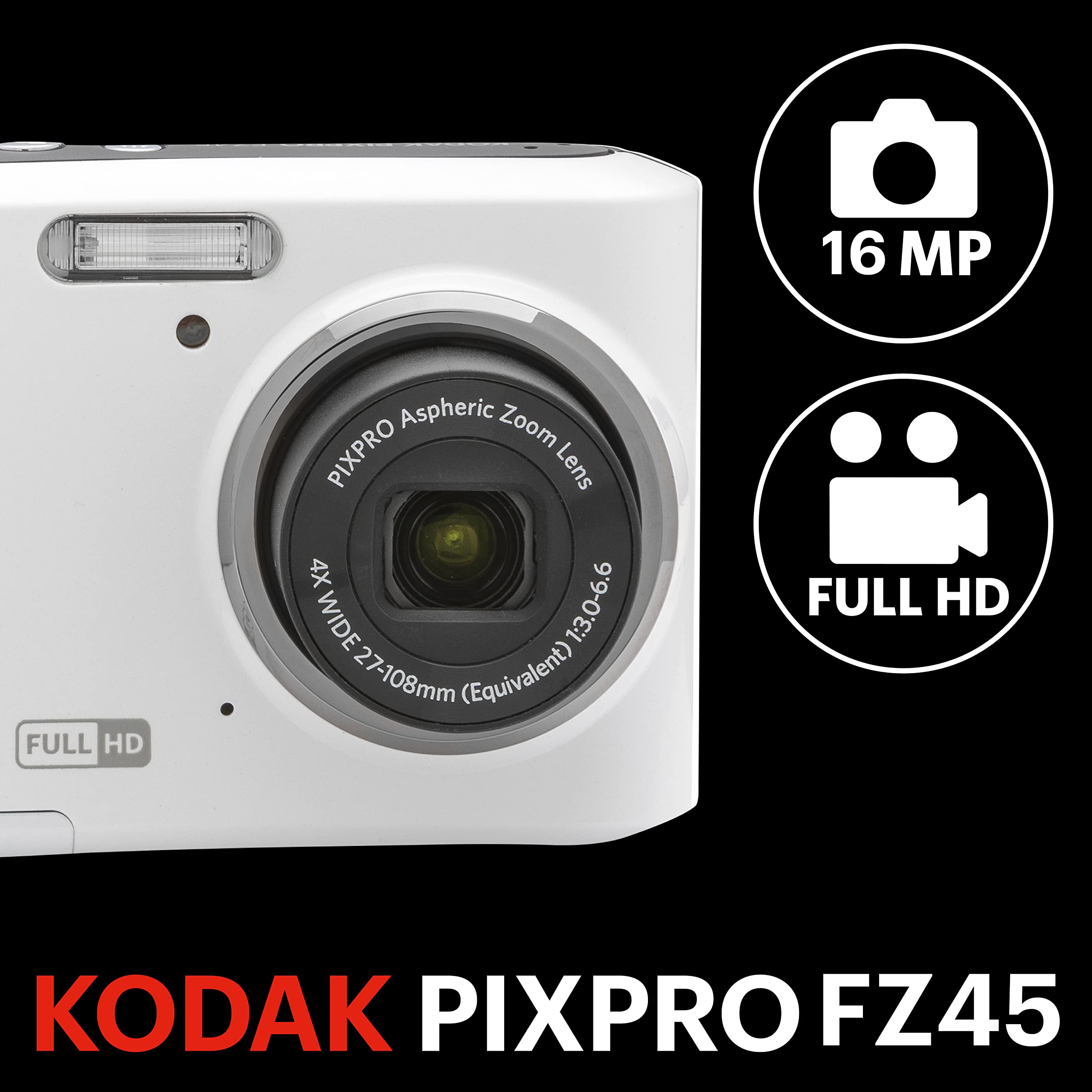 KODAK Pixpro FZ45 – 16.44 Megapixel Compact Digital Camera, 4x Optical Zoom, 2.7-inch LCD Screen, 720p HD Video Recording, AA Battery Included – White