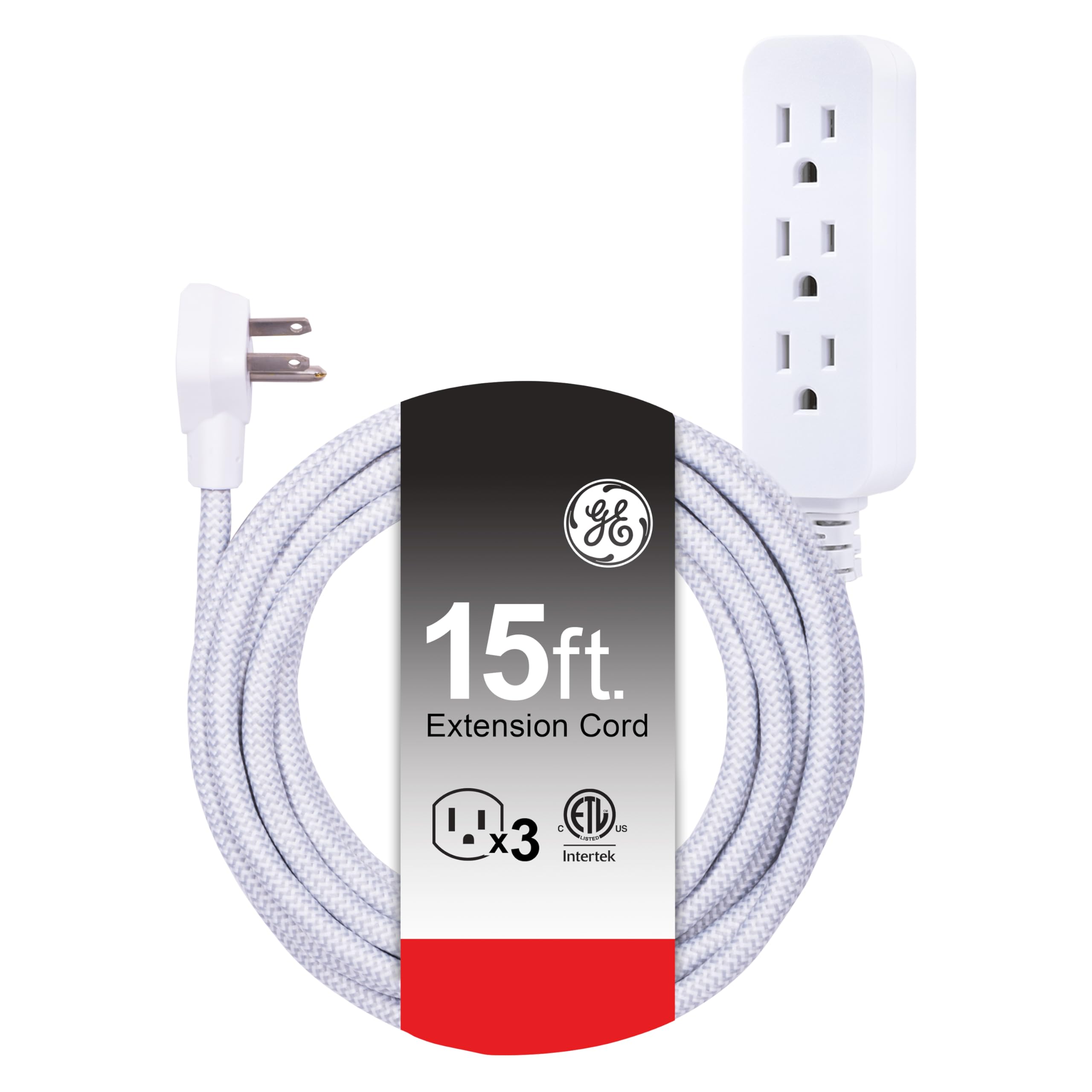 GE Pro 3-Outlet Power Strip with Surge Protection, 15 Ft Designer Braided Extension Cord, Grounded, Flat Plug, 250 Joules, Warranty, UL Listed, White/Gray, 40530