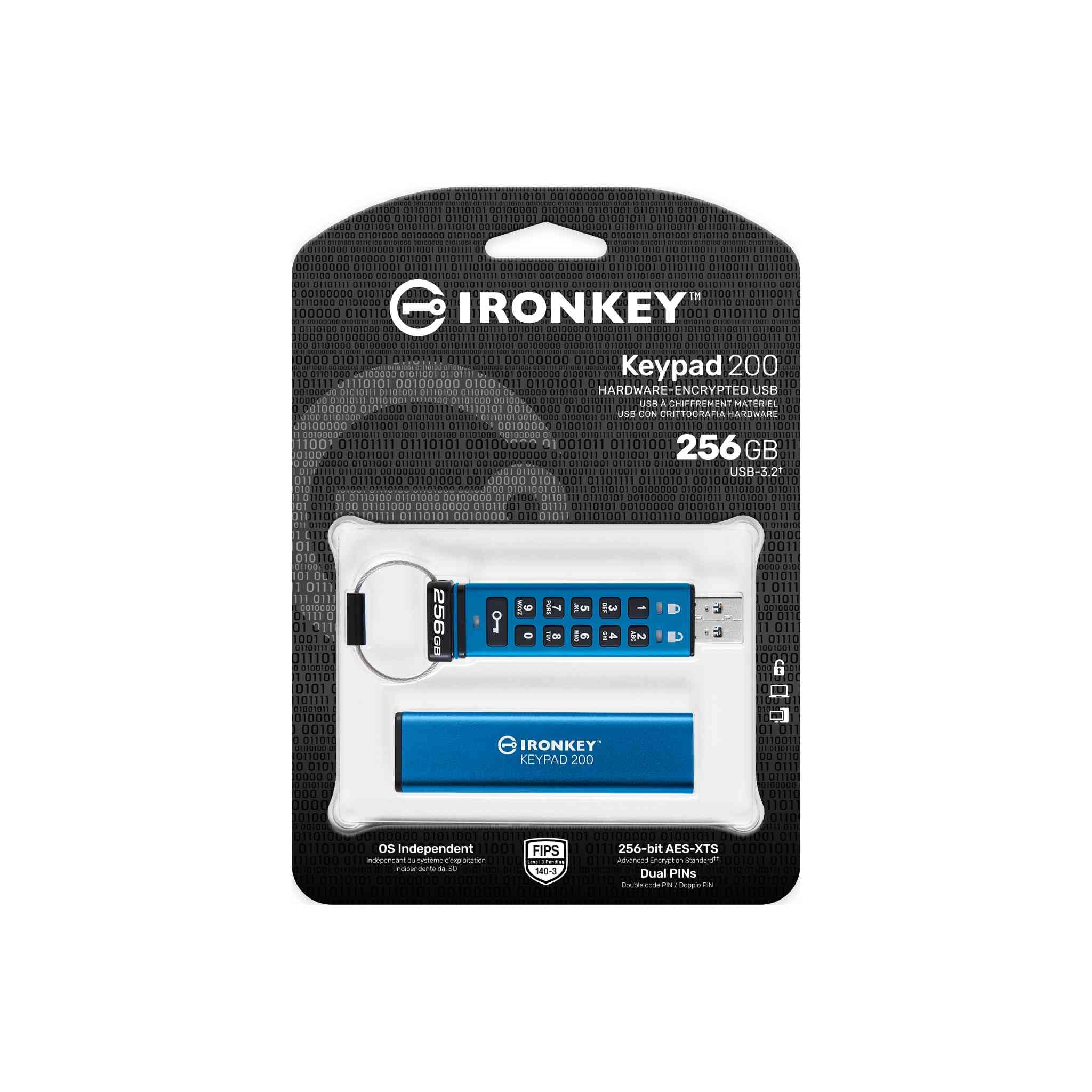 Kingston IronKey Keypad 200 Type -A hardware-encrypted USB Flash Drive FIPS 140-3 Level 3 (Pending) with XTS-AES 256-bit Hardware Encryption - IKKP200/256GB