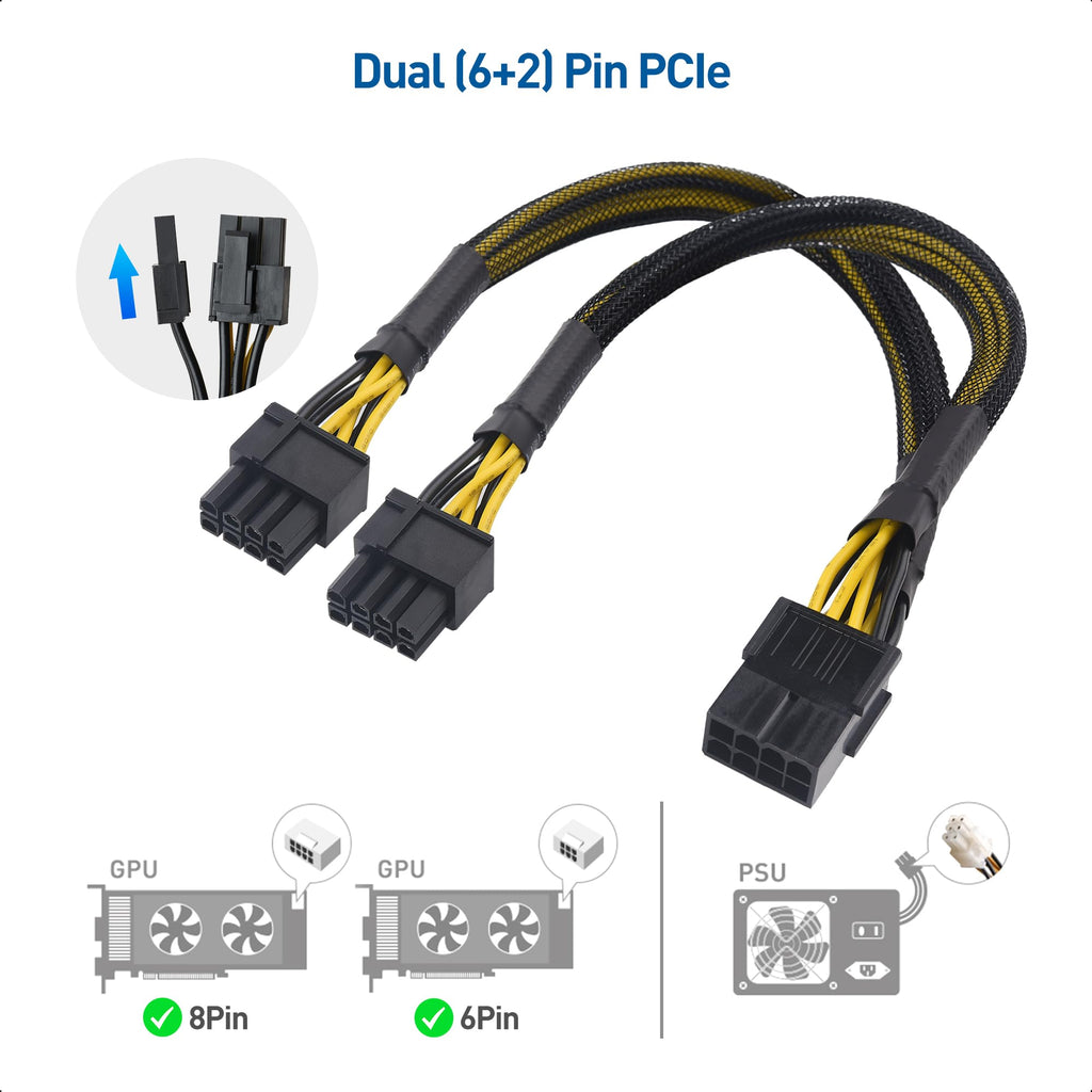 Cable Matters 2-Pack, 8 Pin to Dual (6+2) Pin PCIe Power Adapter Cable - 9 Inches