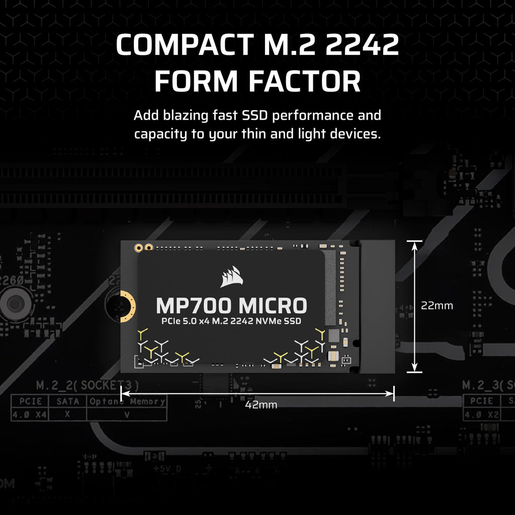 Corsair MP700 MICRO 4TB PCIe 5.0 NVMe M.2 2242 SSD – Up to 9,400 MB/s Read, 8,100 MB/s Write – Gen5 Speed for Laptops & Mini PCs – Black