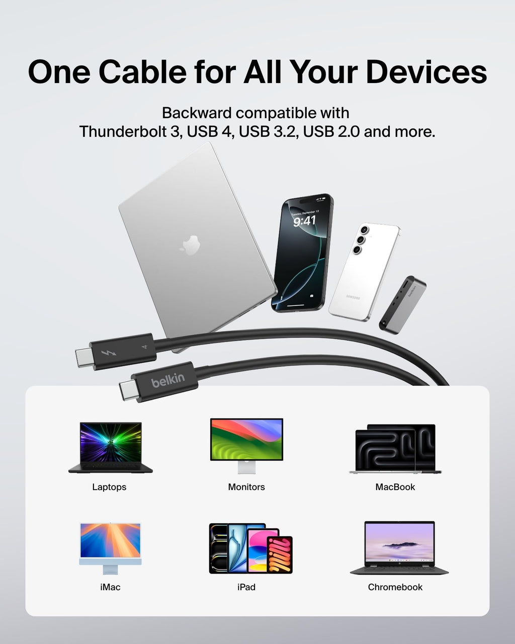 Belkin Active Thunderbolt 4 USB-C Cable, USB Type C Connection with 100W Power Delivery PD Enabled, USB 4 Compliant and Compatible with TB3 Compatible with MacBook Pro, iPhone 15 Pro, more, 2m