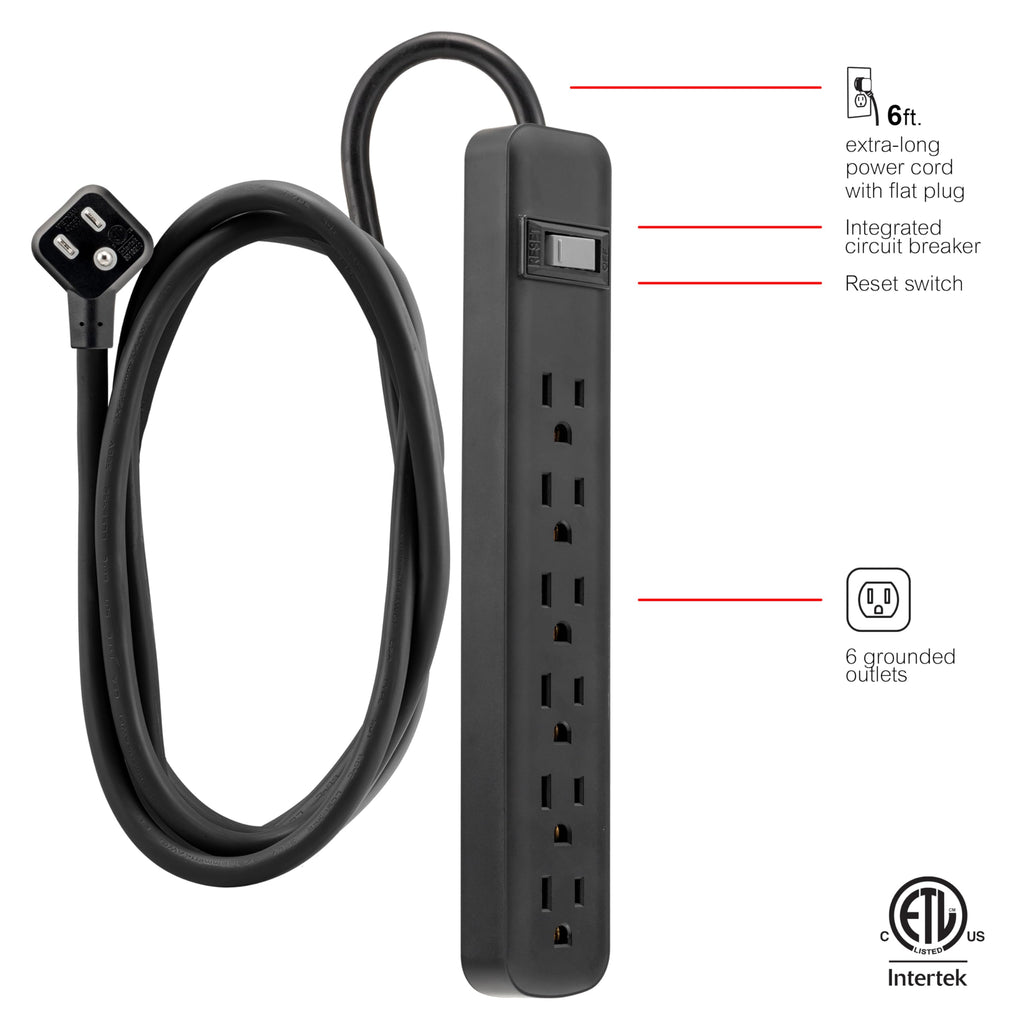 GE 6-Outlet General Purpose Power Strip, 6-Ft Cord, Black, 14088