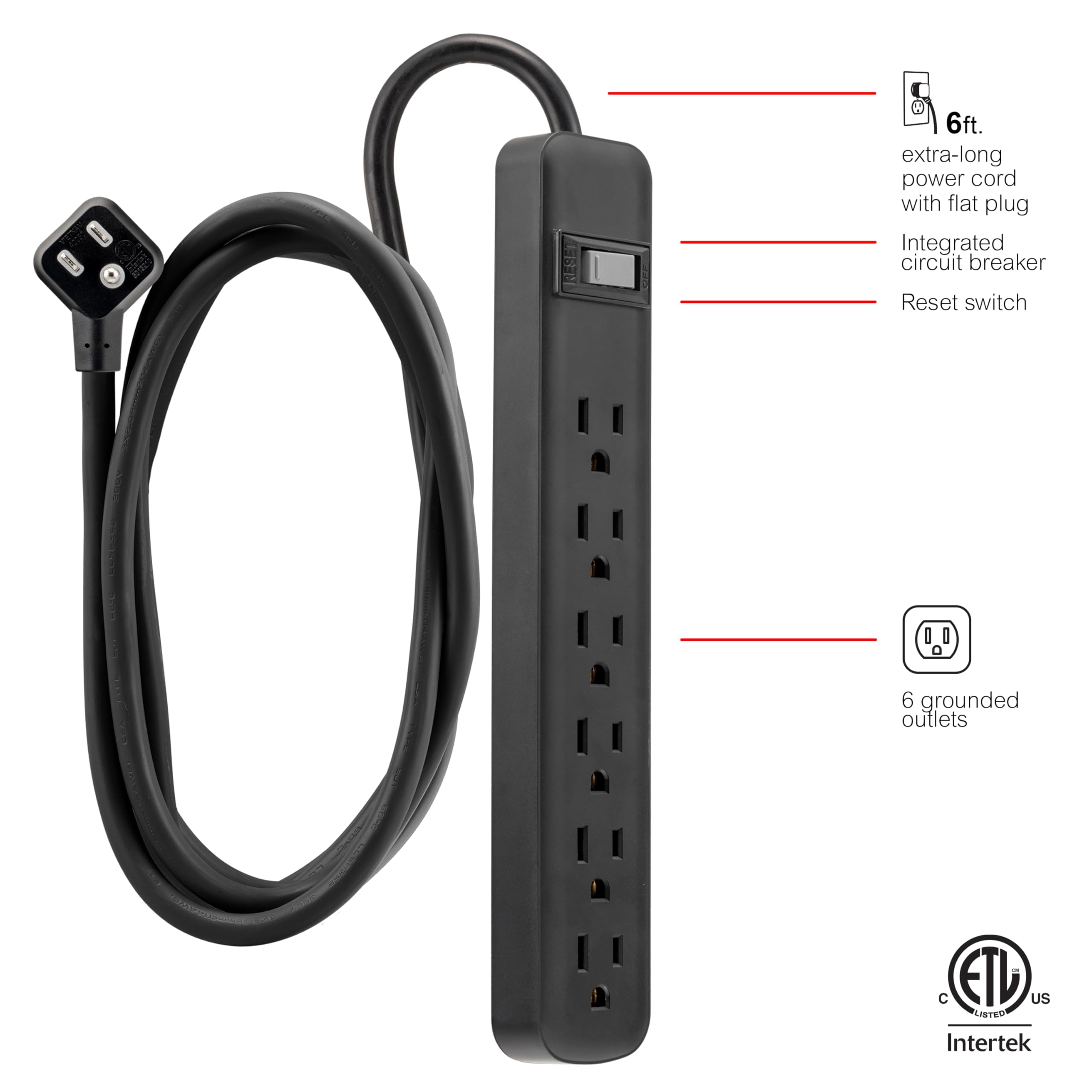 GE 6-Outlet General Purpose Power Strip, 6-Ft Cord, Black, 14088