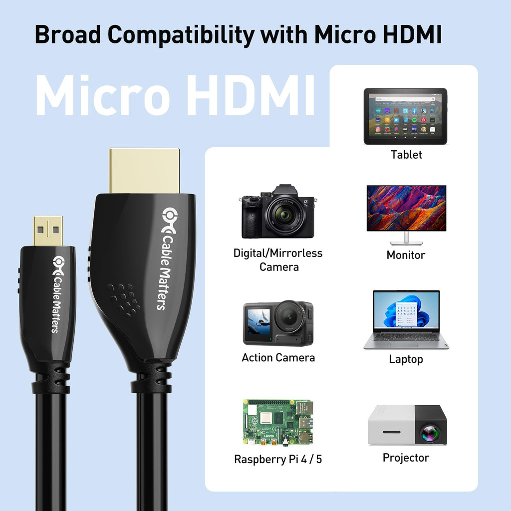 Cable Matters High-Speed 4K@60Hz Micro HDMI to HDMI Cable - 6ft, Ideal for Tablet, Notebook, Camera, Raspberry Pi 4 and Raspberry Pi 5