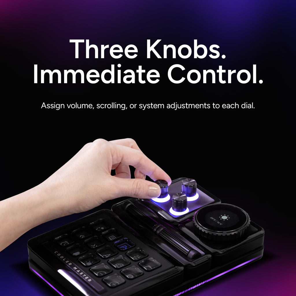 Cooler Master MasterHUB 3xKnob Module: Freeform 2.0 Modular Platform - Precision Control with Customizable Knobs and RGB LEDs for Effortless Fine-Tuning of Creative Apps and Lighting