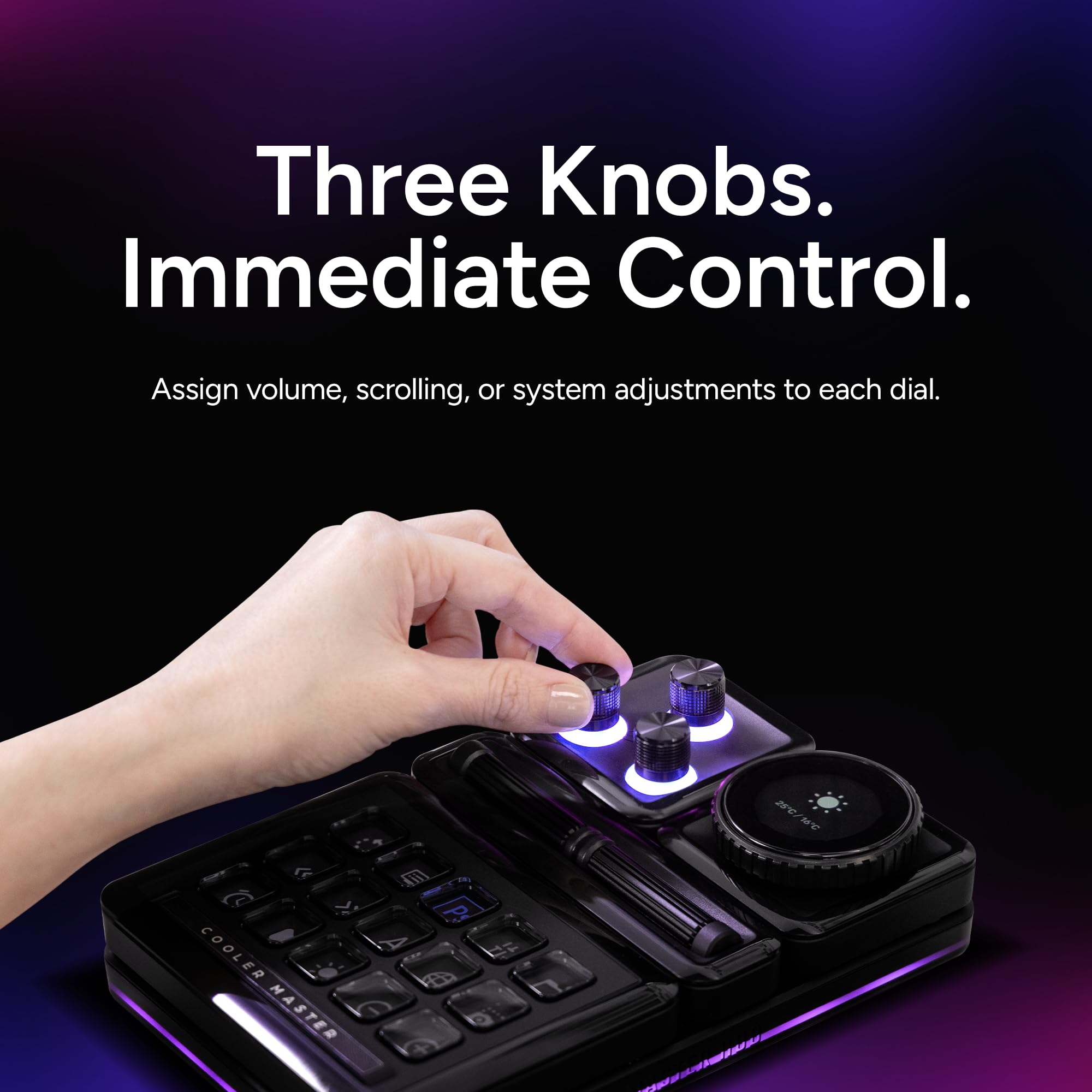 Cooler Master MasterHUB 3xKnob Module: Freeform 2.0 Modular Platform - Precision Control with Customizable Knobs and RGB LEDs for Effortless Fine-Tuning of Creative Apps and Lighting