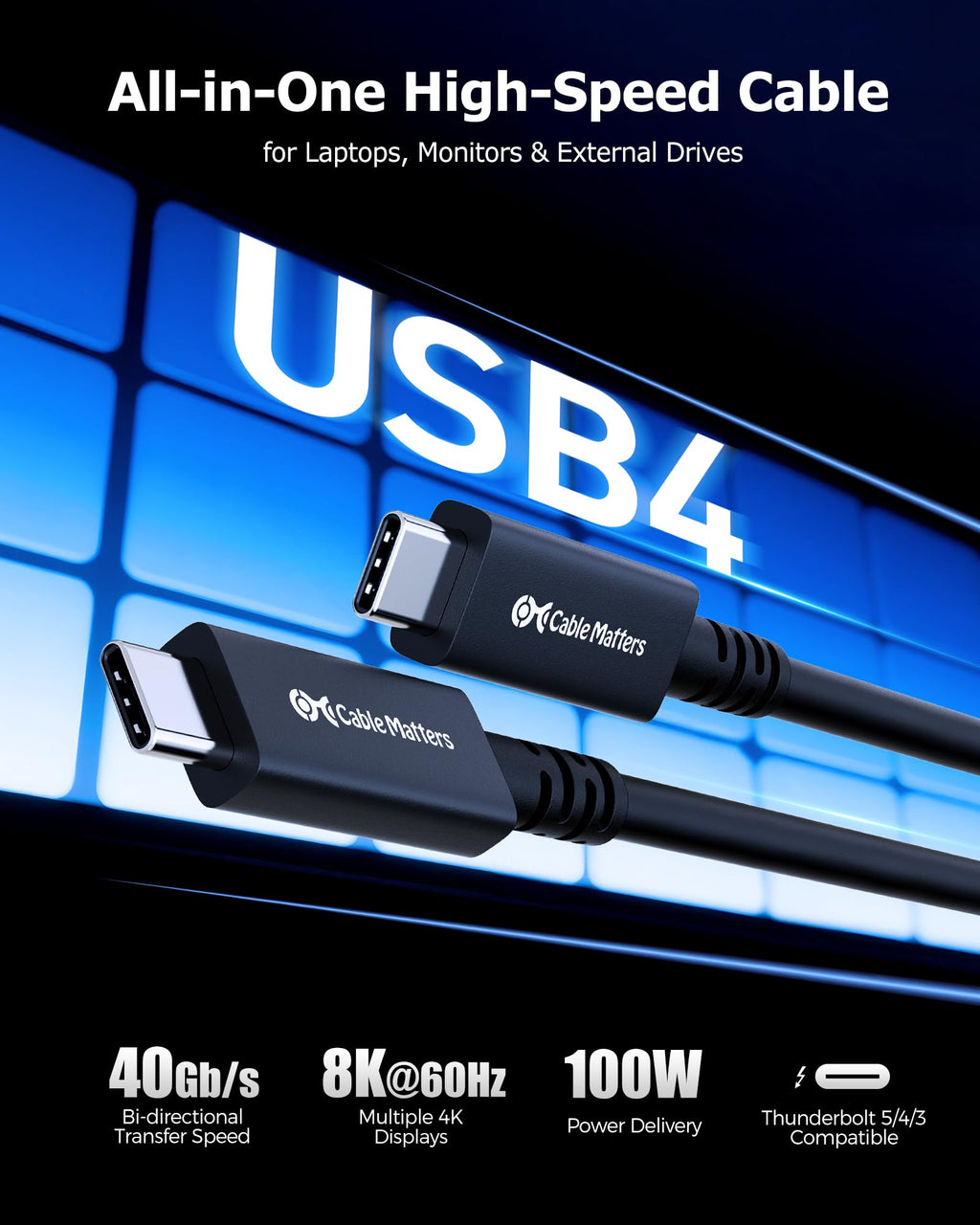 Cable Matters 40Gbps Active USB4 Cable 9.8 ft / 3m with 8K Video & 100W Charging, Compatible with Thunderbolt 4/3, USB C for VR Headset, Docking Stations, MacBook, DELL XPS, Surface Pro and More