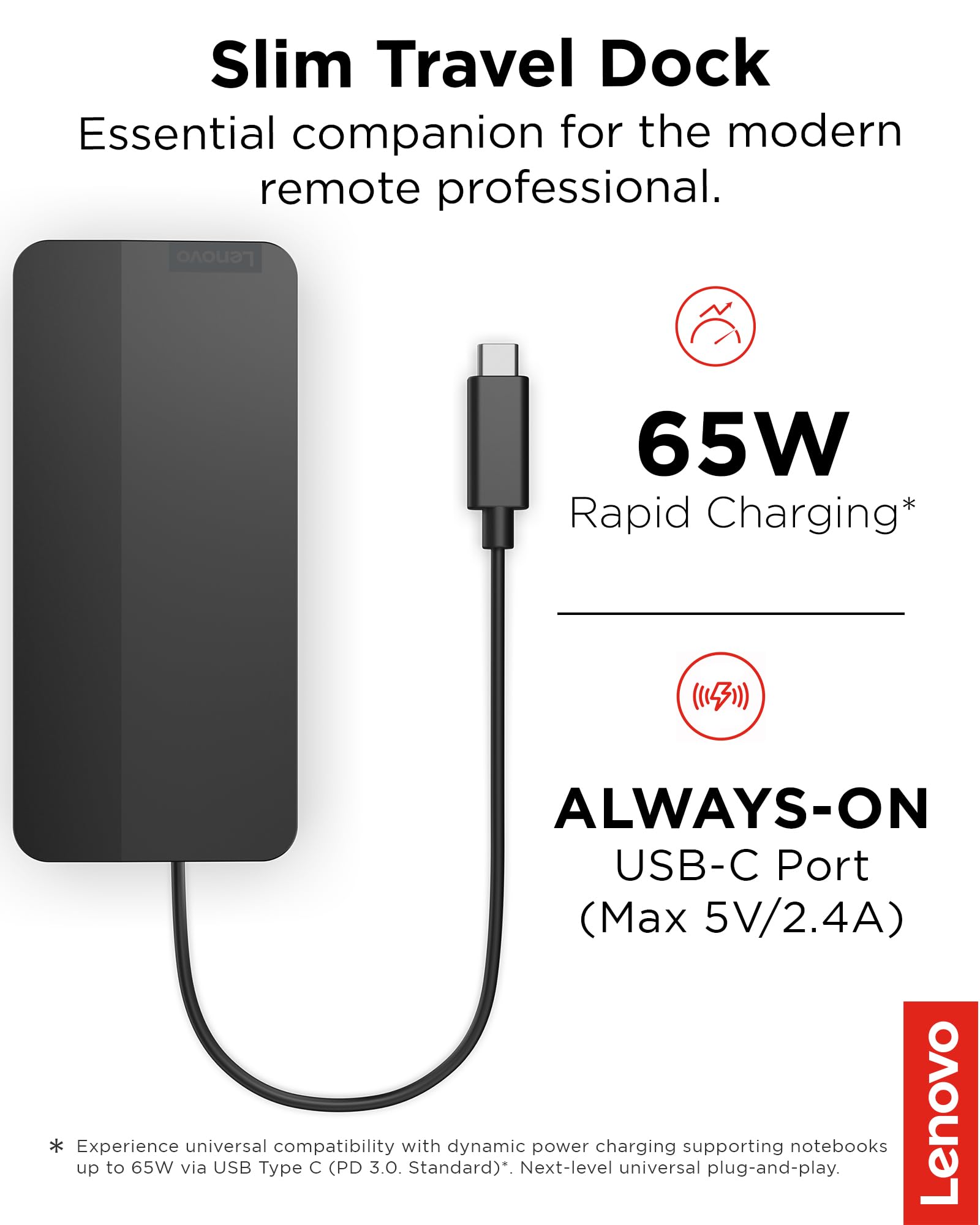 Lenovo USB-C Slim Travel Dock, 8 Ports, Up to 65W PD Pass Through, Integrated USB-C Cable, 4K Display Support, Black