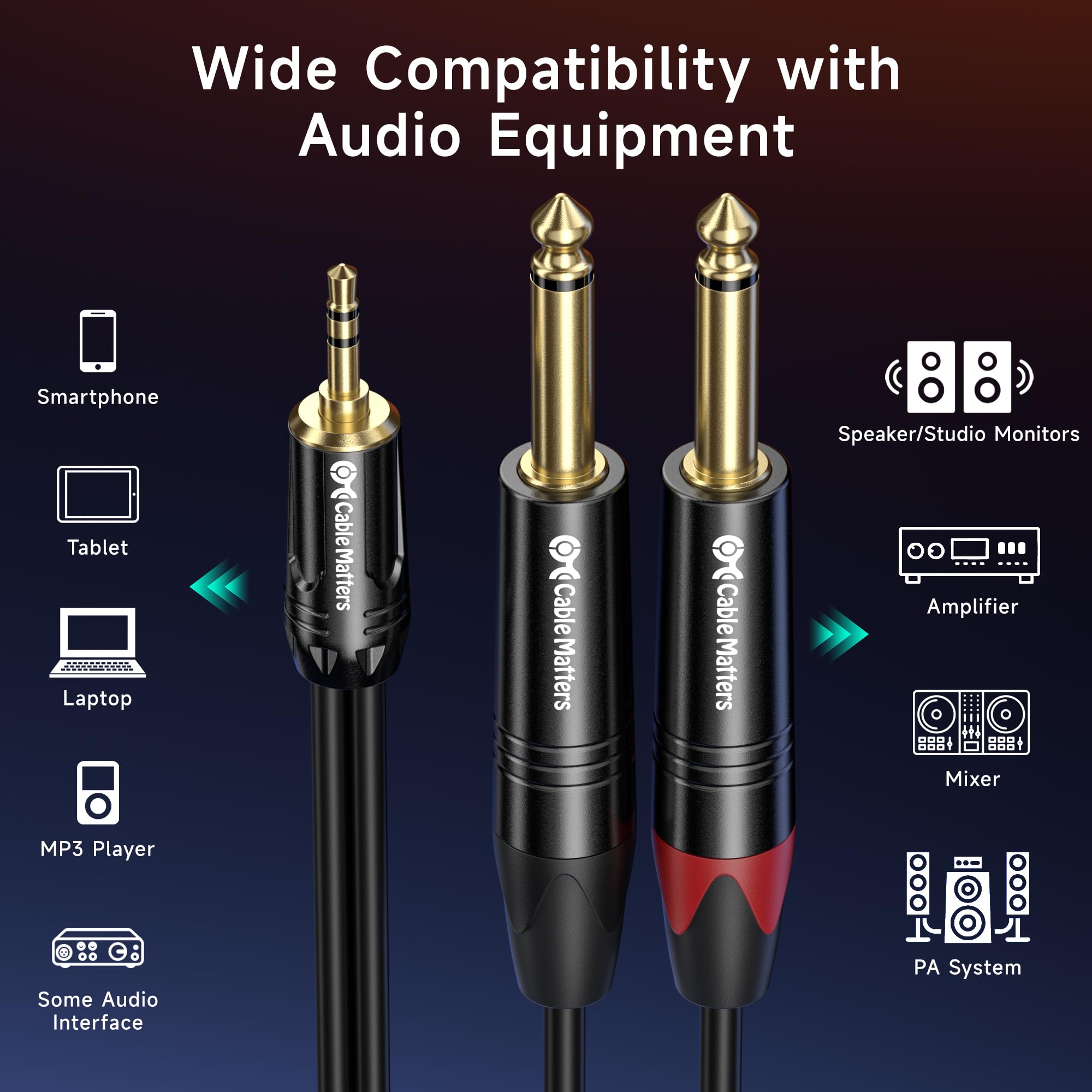Cable Matters 3.5mm TRS to Dual 6.35mm TS Breakout Cable 10 ft, 1/8 to Dual 1/4 Cable