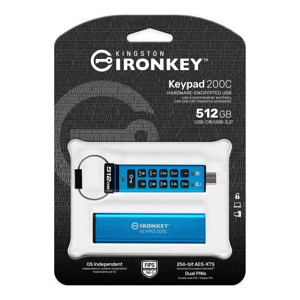 Kingston Ironkey Keypad 200 USB-C 512GB Encrypted Flash Drive | OS Independent | FIPS 140-3 Level 3 | XTS-AES 256-bit | BadUSB and Brute Force Protection | Multi-Pin Option | IKKP200C/512GB