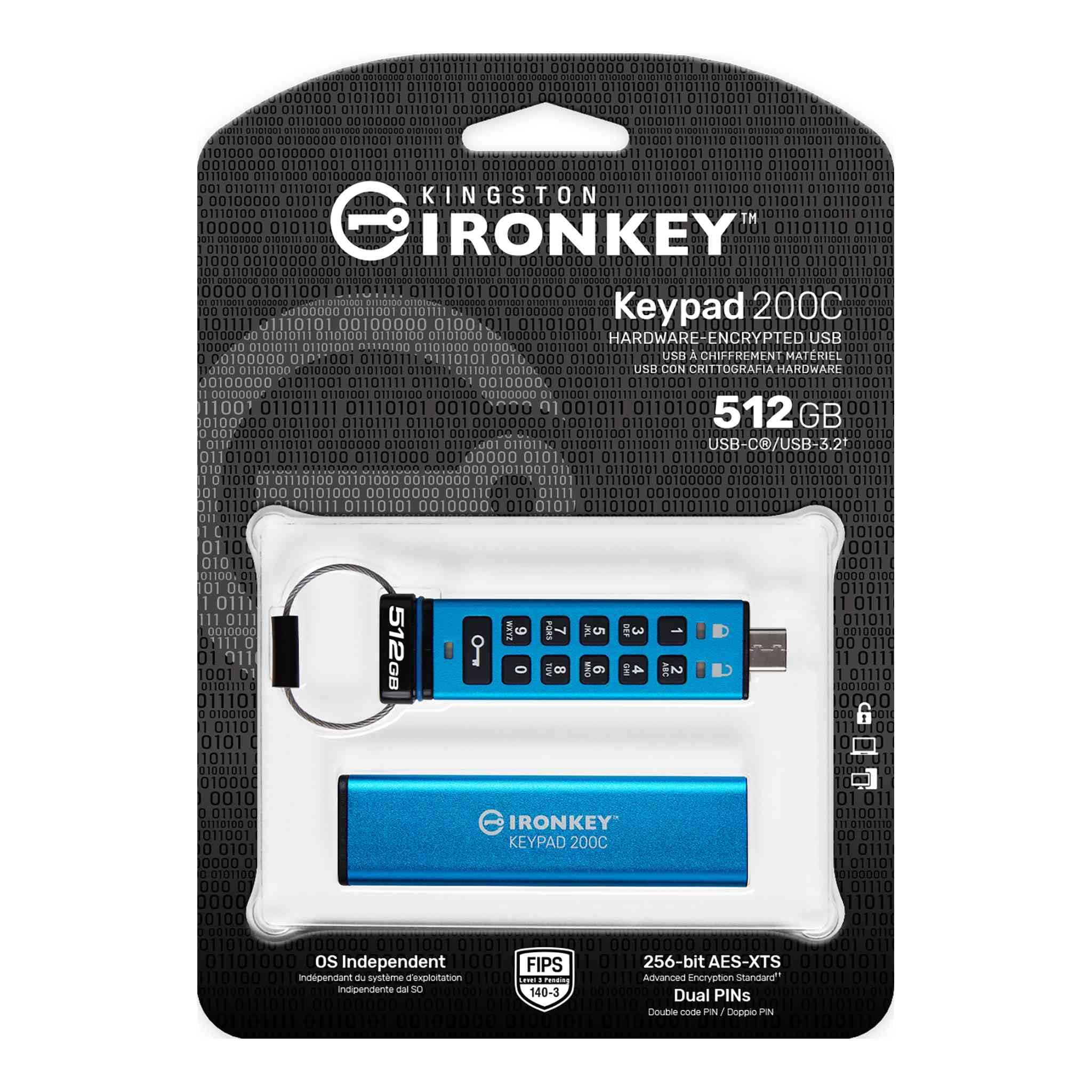 Kingston Ironkey Keypad 200 USB-C 512GB Encrypted Flash Drive | OS Independent | FIPS 140-3 Level 3 | XTS-AES 256-bit | BadUSB and Brute Force Protection | Multi-Pin Option | IKKP200C/512GB