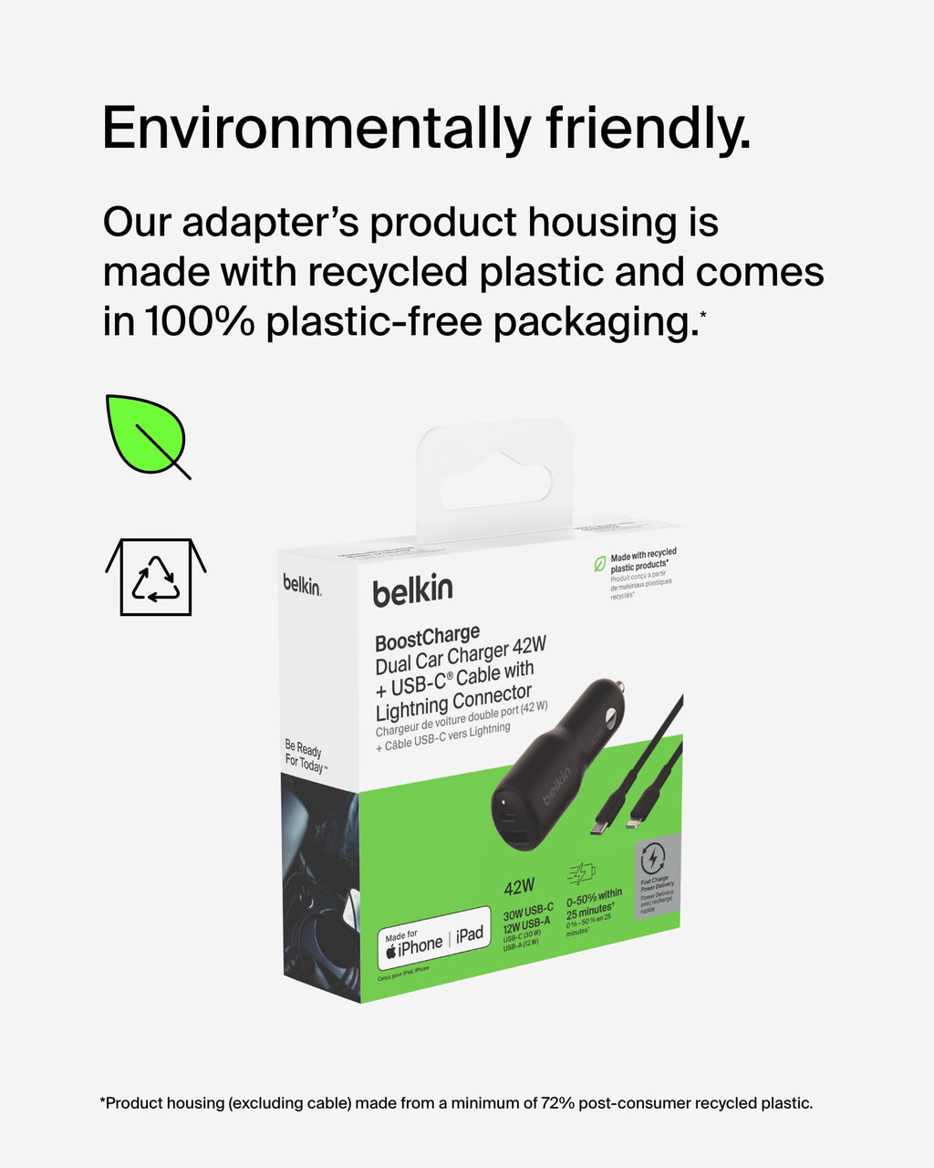 Belkin BoostCharge Dual Car Charger 42W w/Fast Charge USB-C 30W PPS & 12W USB-A Ports + USB-C to Lightning Cable for Apple iPhone 16, Plus, Pro, Pro Max, iPhone 15, Samsung Galaxy S24, & More - Black