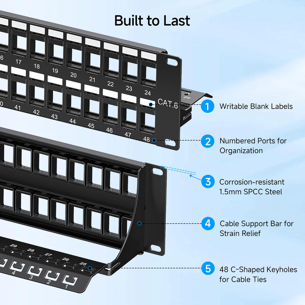 Cable Matters Rackmount or Wall Mount 2U 48 Port Keystone Patch Panel with Cable Management and Support Bar, 19-inch Blank Patch Panel for Keystone Jacks