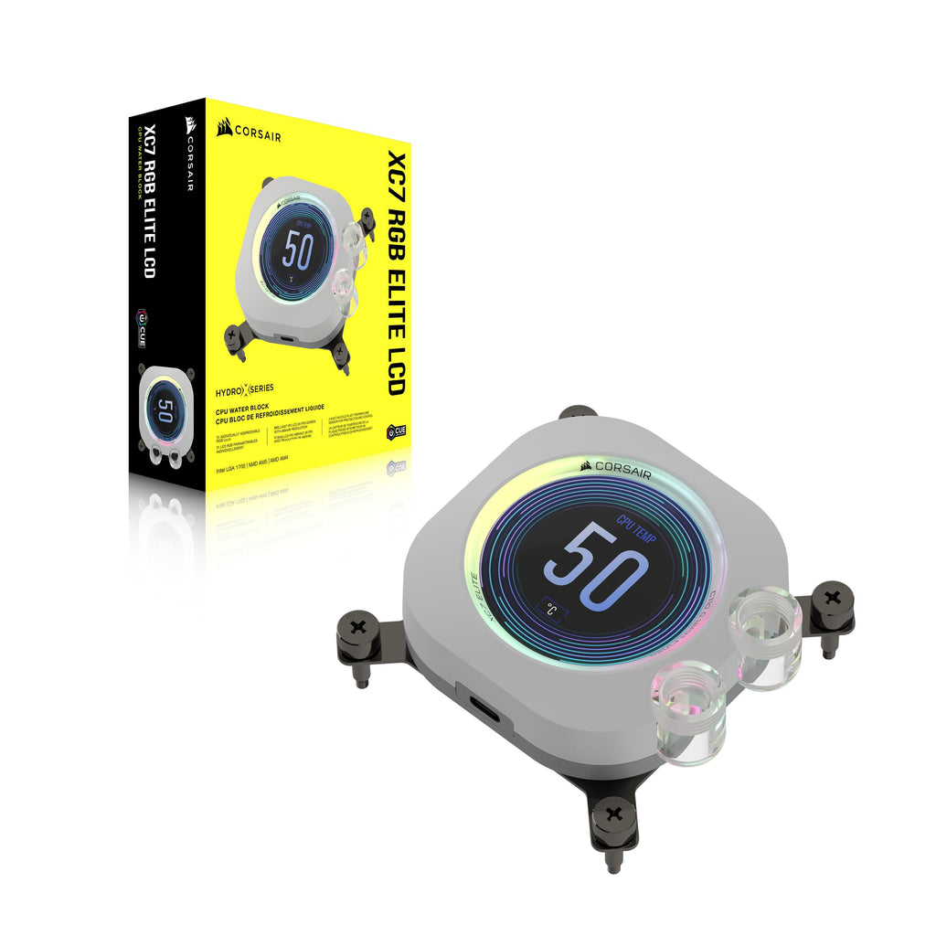 Corsair XC7 RGB ELITE LCD CPU Water Block - 480x480 IPS LCD Screen - 31 RGB LEDs - USB-C - Fits Intel® LGA 1700, AMD® AM5 and older - White