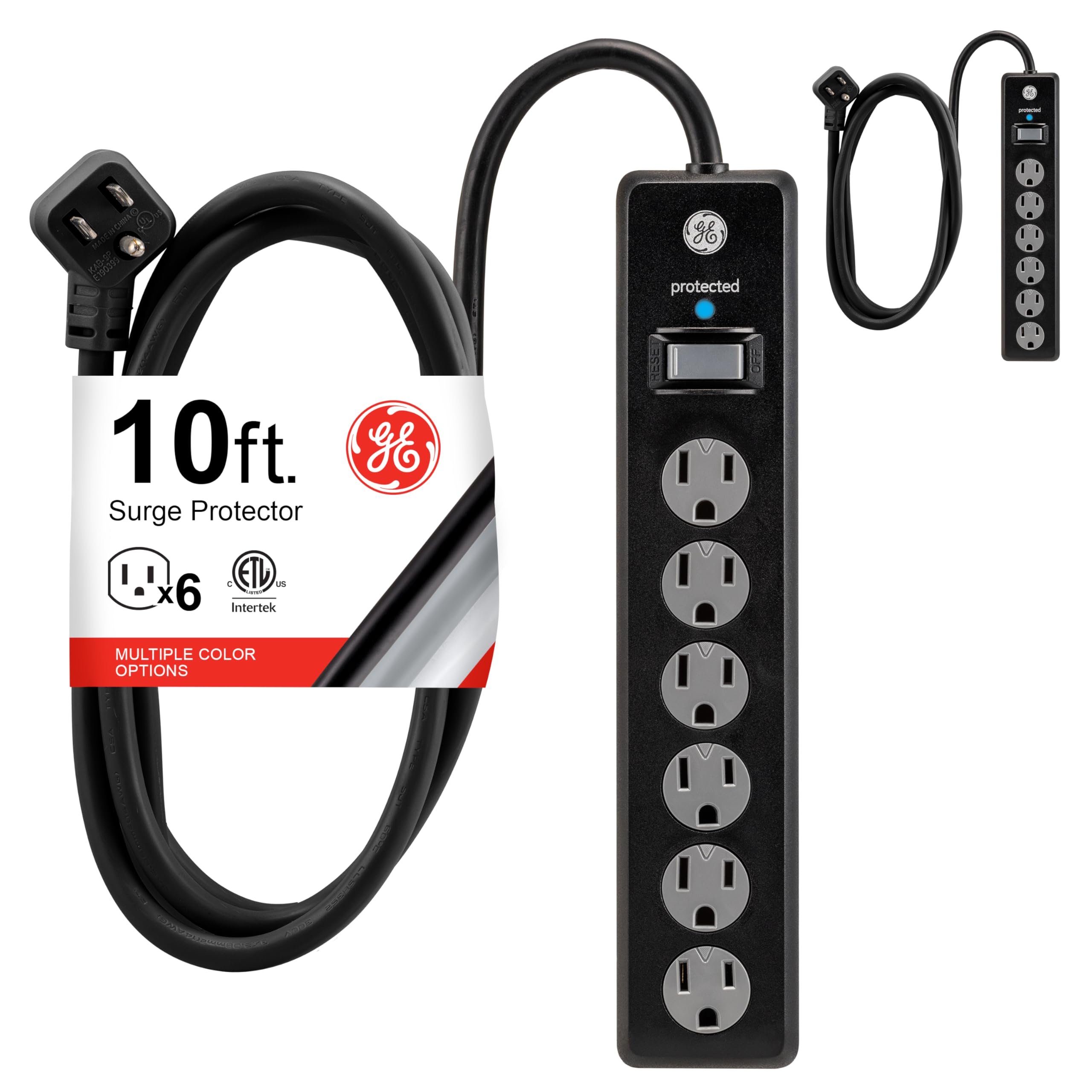 Aode GE 6 Outlet Surge Protector 2 Pack, 10 Ft Extension Cord, Power Strip, 600 Joules, Twist-to-Close Safety Covers, Black, 54646