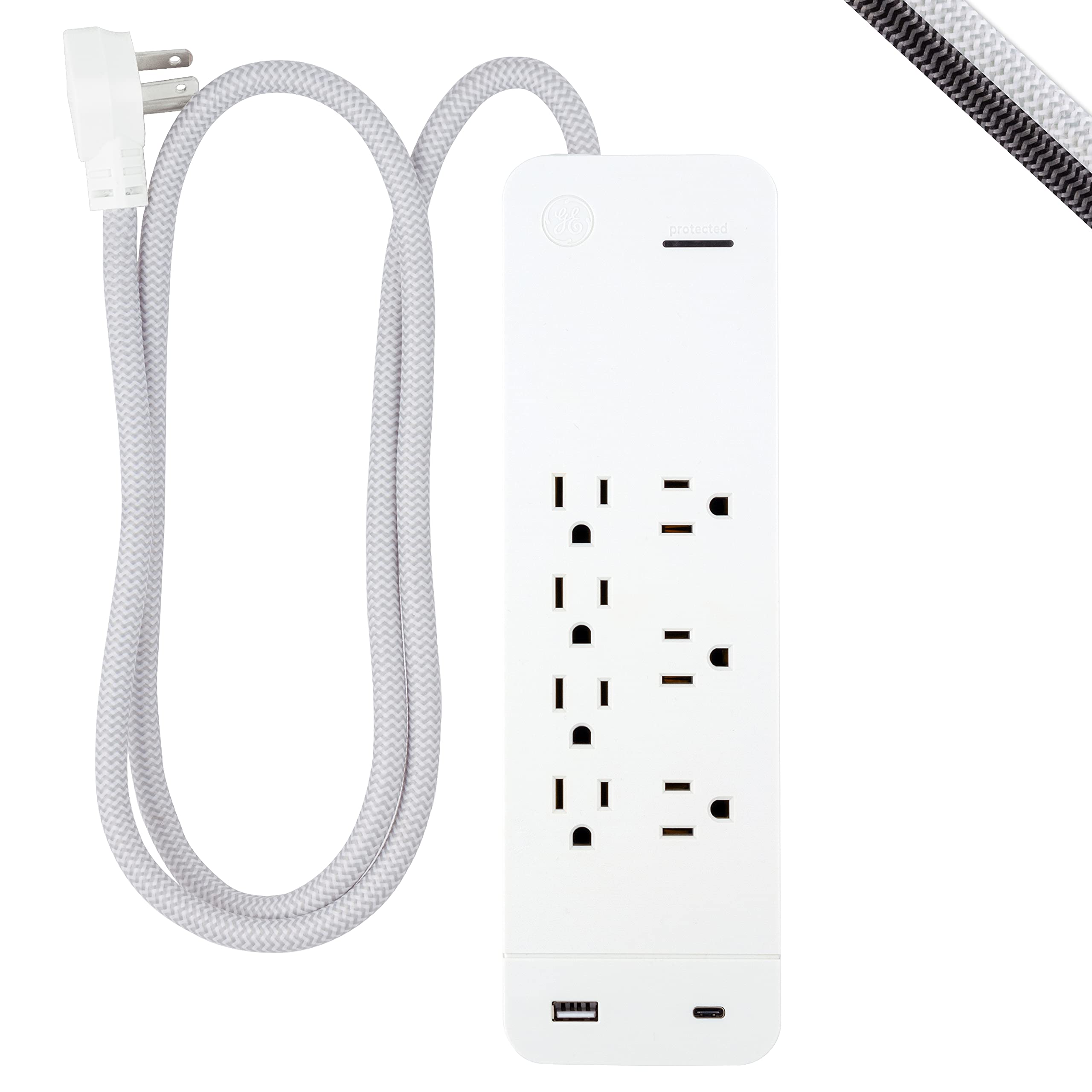 GE UltraPro 7 Outlet Surge Protector, USB-C Charging, 4 ft Designer Braided Extension Cord, 1440 Joules, Compatible w/iPhone 12/11/Pro/Max/Xs/XR/X/8, Samsung Galaxy, Google Pixel, White, 41355