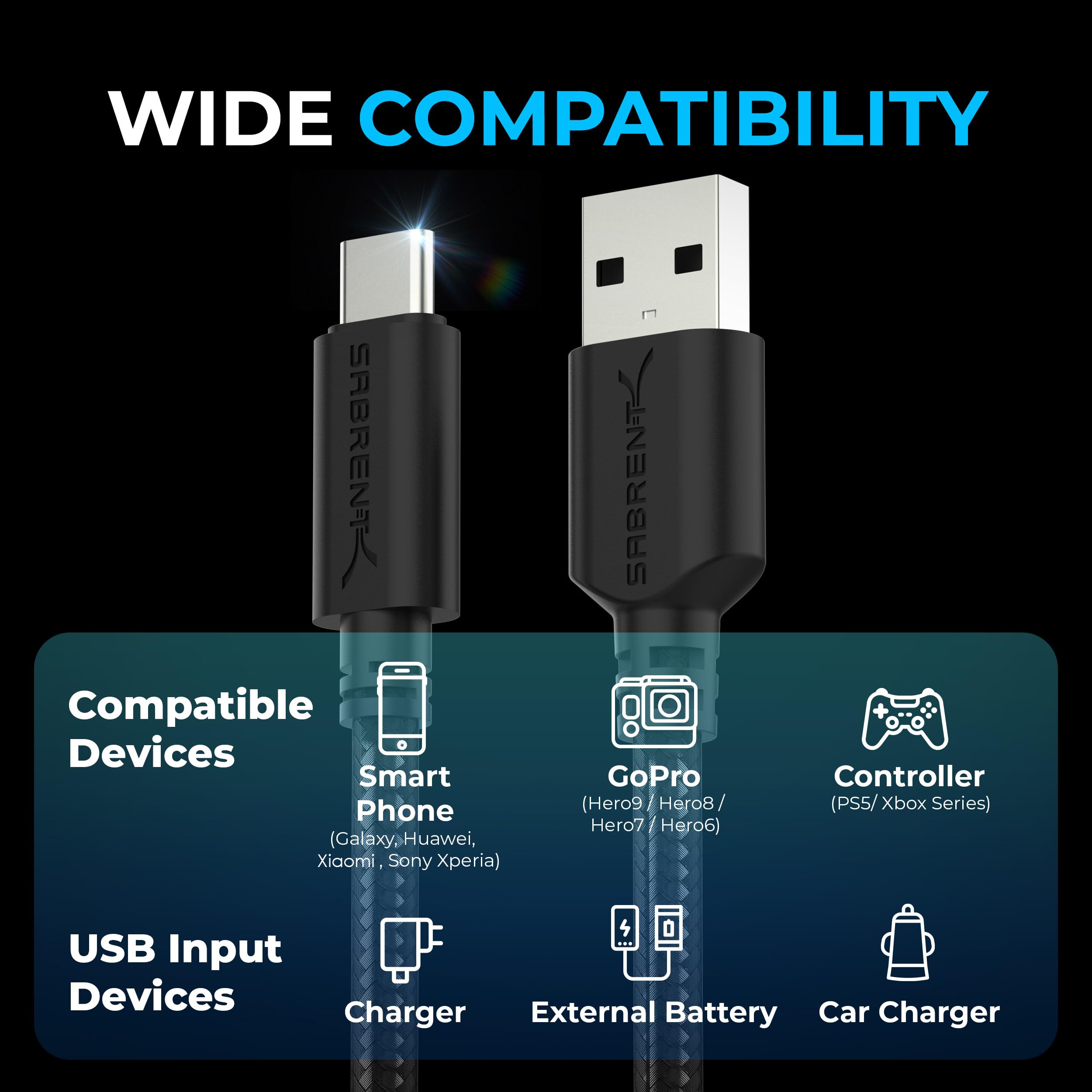 SABRENT 3 USB C fast charging cable, high speed USB type C 5V-3A, USB-C cable can be used also as a data transfer 3.2 Gen1 cable, for Galaxy, Note, Sony Xperia, Xiaomi, Switch, ps5, 1.80 m (CB- C3X6)