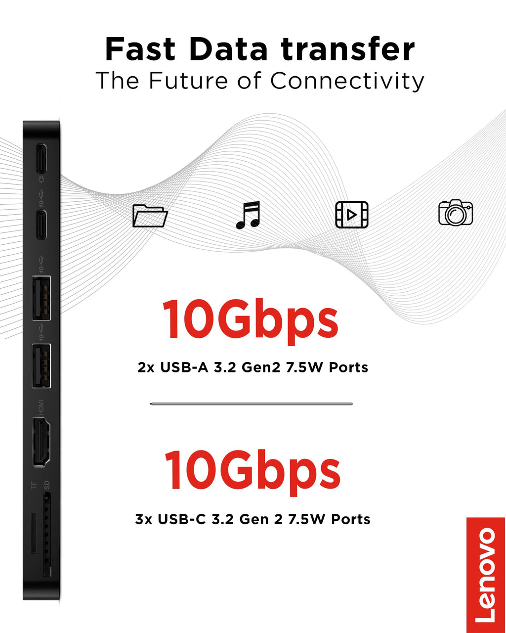 Lenovo USB-C Slim Travel Dock, 8 Ports, Up to 65W PD Pass Through, Integrated USB-C Cable, 4K Display Support, Black