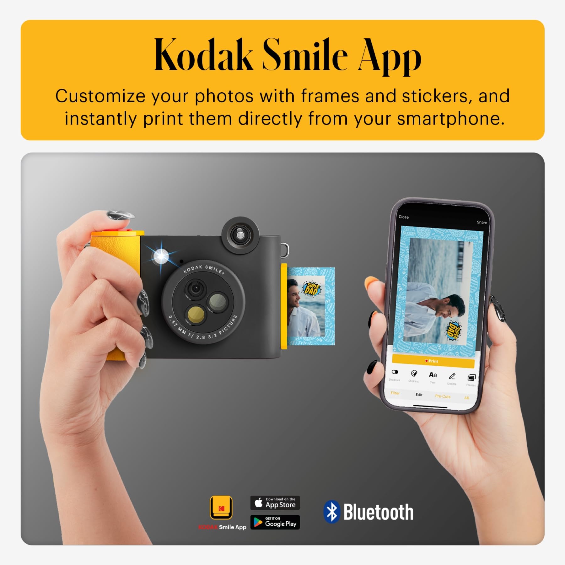 KODAK Smile+ 2-in-1 Digital Instant Camera & Wireless Bluetooth Photo Printer, 10MP, Special-Effect Rotating Lens, Zink 2x3" (5.1x7.5 cm) Sticky-Back Photos, Print via App from Smart Devices, Black