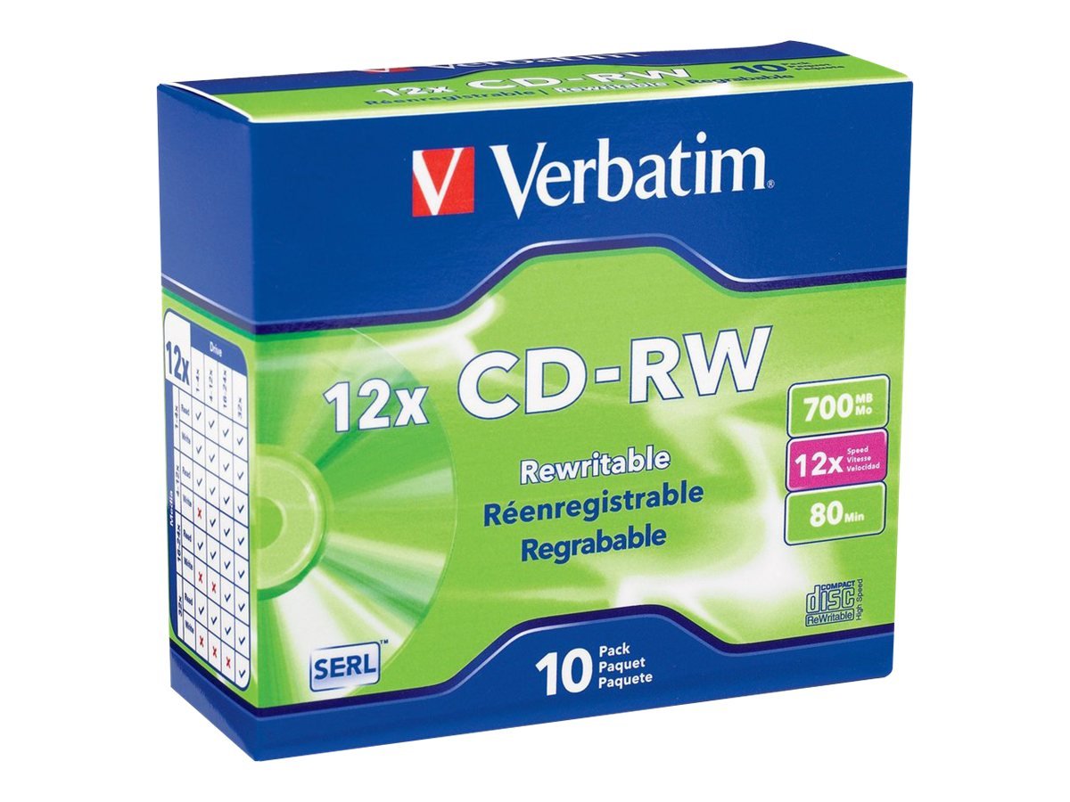 Verbatim CD-RW 80MIN 700MB 4X-12X High Speed Branded 10pk Slim Case CD-RW 700MB 10pcs(s) - Virgin CD-RW 700MB, 10pcs(s), 120mm, 120min, 12x)