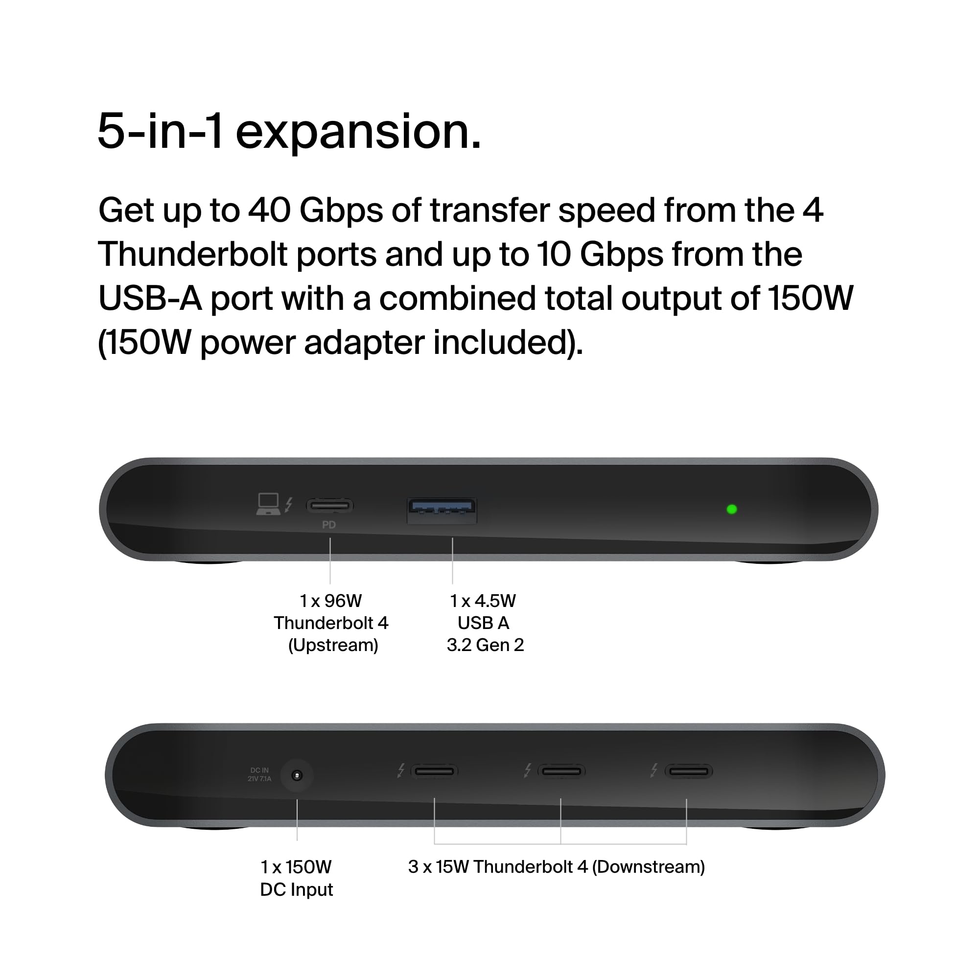 Belkin Connect Thunderbolt 4 Docking Station, 5-in-1 USB-C Multiport Core Hub w/ 96W Power Delivery for Mac, Windows, Single 8K or Dual 4K Display, Thunderbolt 4 Cable & Power Supply Included