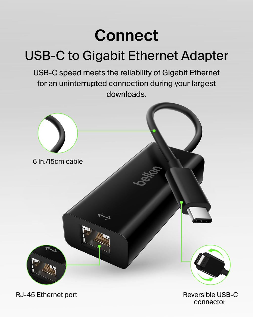 Belkin F2CU040btBLK USB-C to Gigabit Ethernet Adapter (USB-IF Certified, Compatible with MacBook Pro (2016), Dell XPS 13 inch), Black