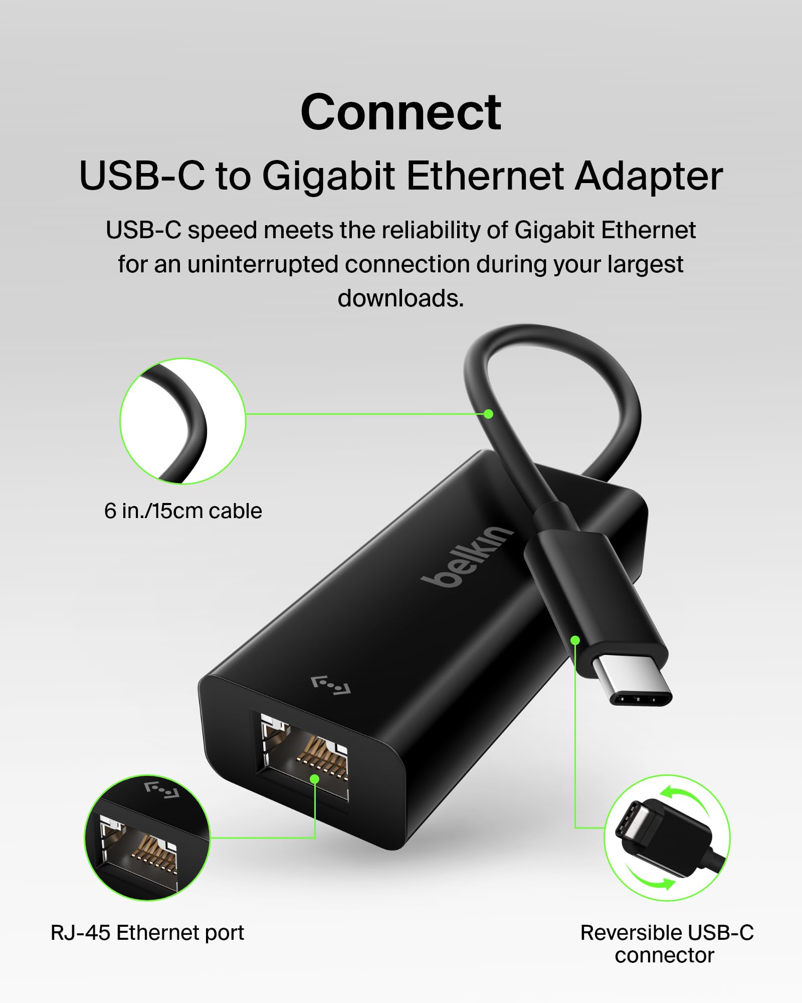 Belkin F2CU040btBLK USB-C to Gigabit Ethernet Adapter (USB-IF Certified, Compatible with MacBook Pro (2016), Dell XPS 13 inch), Black
