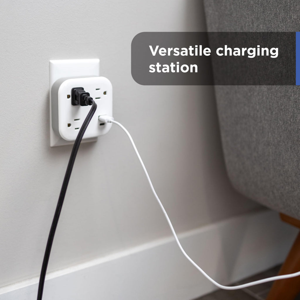 GE UltraPro 3-Outlet Surge Protector Wall Tap, 980J, USB-C & USB-A Ports, Adapter-Spaced Outlets, Circuit Breaker, ETL Certified, Low-Profile Design, White, 85875