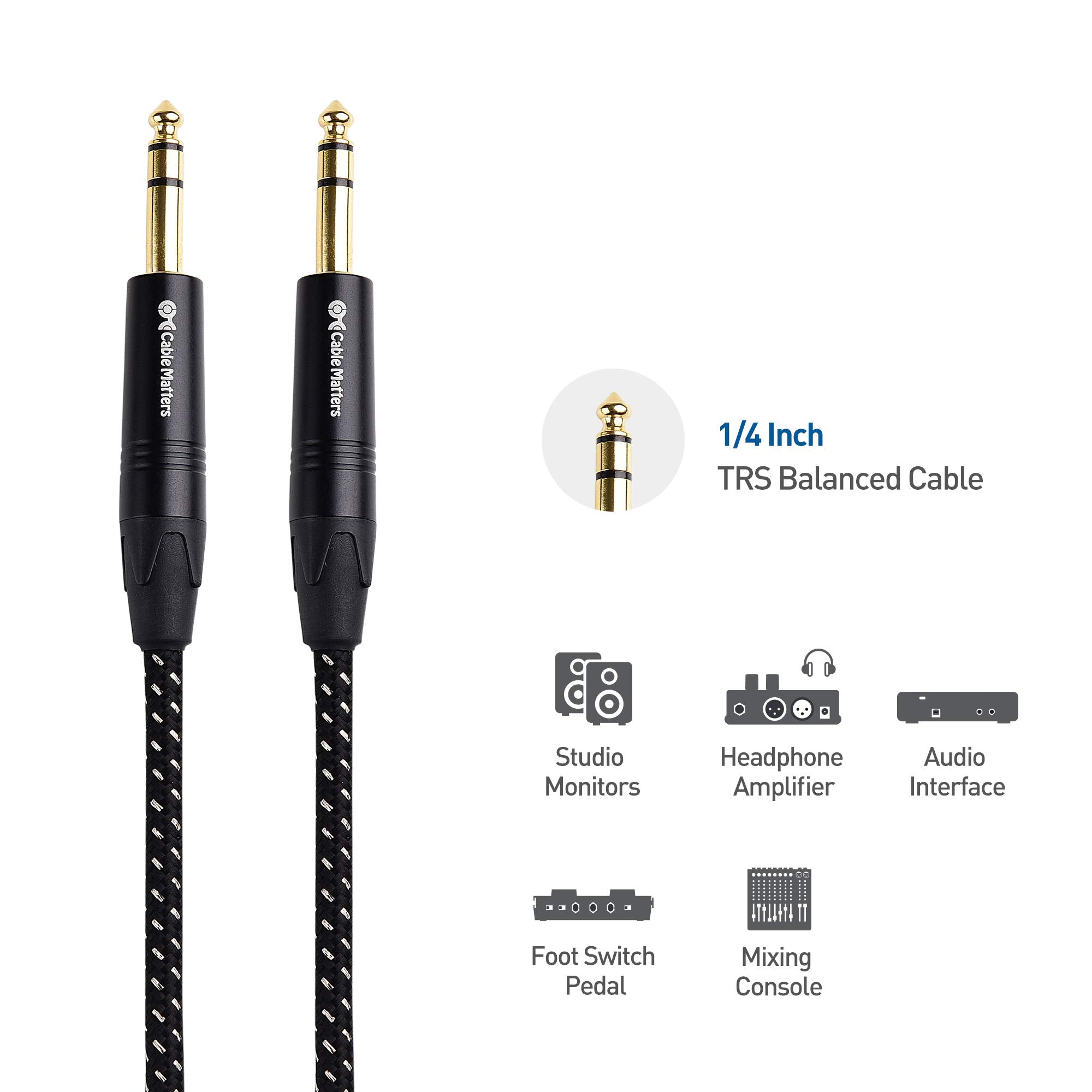 Cable Matters Premium Braided Balanced 1/4 Inch TRS Cable (1/4 to 1/4 Cable) - 6 Feet