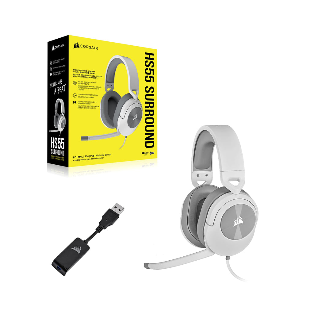 Corsair HS55 Surround v2 Multiplatform Gaming Headset � Dolby Atmos � Lightweight � Memory-Foam Leatherette � Omni-Directional Microphone � PC, Mac, PS5/PS4, Xbox Series X|S, Switch, Mobile � White