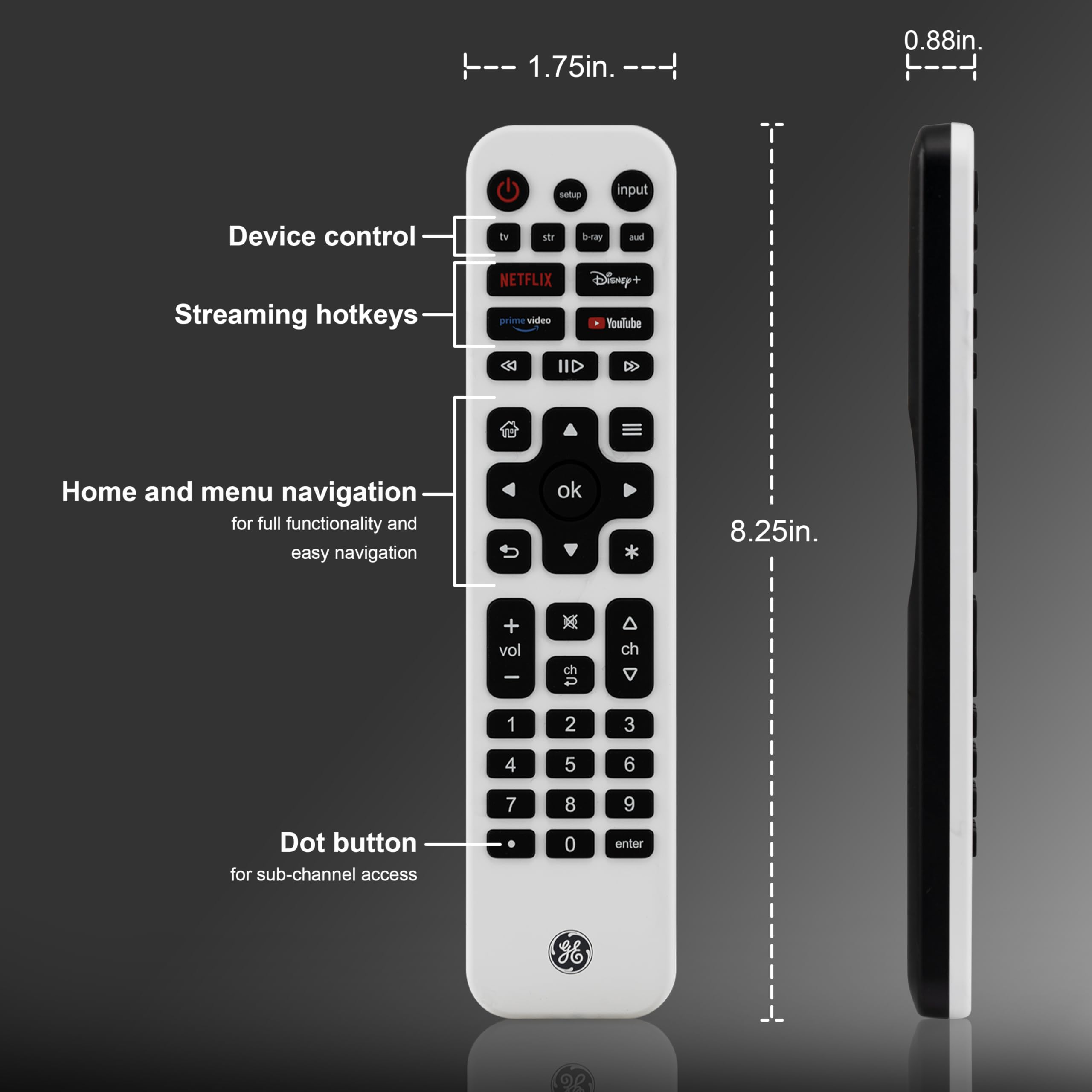 GE Rechargeable tv Remote and Control, Universal Remote for Samsung, Apple, Sony, Roku, LG Smart TVs, 4-Device, 80984