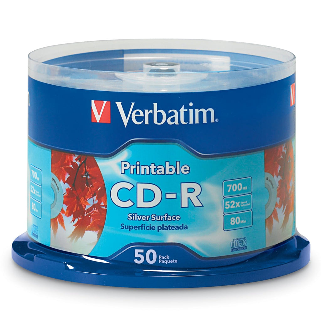Verbatim 700MB 52x 80 Minute Inkjet Printable Recordable Disc CD-R - 50 Disc Spindle, Silver 95005