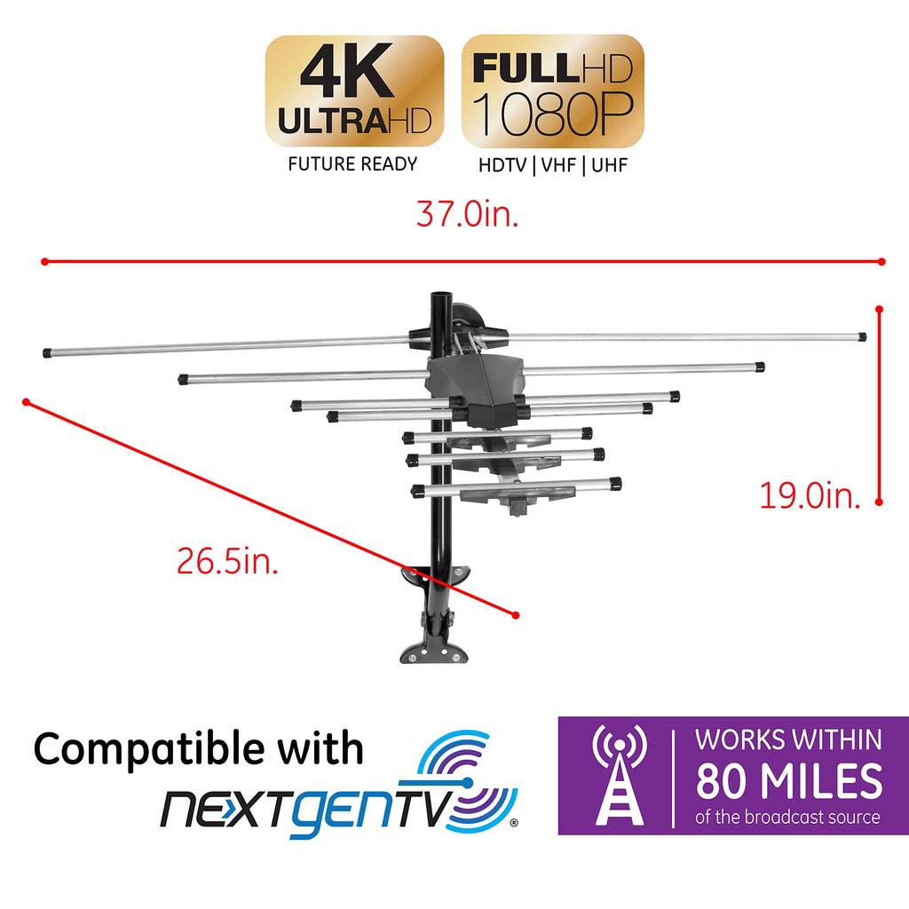 GE Outdoor HD Digital TV Antenna, Long Range OTA HDTV Antenna, Yagi Style Design, Supports 4K 1080P HD Smart TV VHF UHF, J Mount Included for Attic or Outdoor, Weather Resistant, 33685