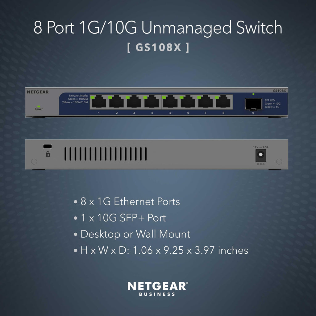 NETGEAR 8-Port 1G/10G Gigabit Ethernet Unmanaged Switch (GS108X) - with 1 x 10G SFP+, Desktop or Rackmount, and Limited Lifetime Protection