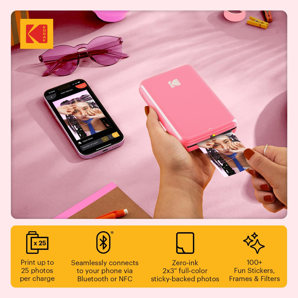 KODAK Step Instant Photo Printer with Bluetooth/NFC, Zink Technology & KODAK App for iOS & Android (Pink) Prints 2x3� Sticky-Back Photos.