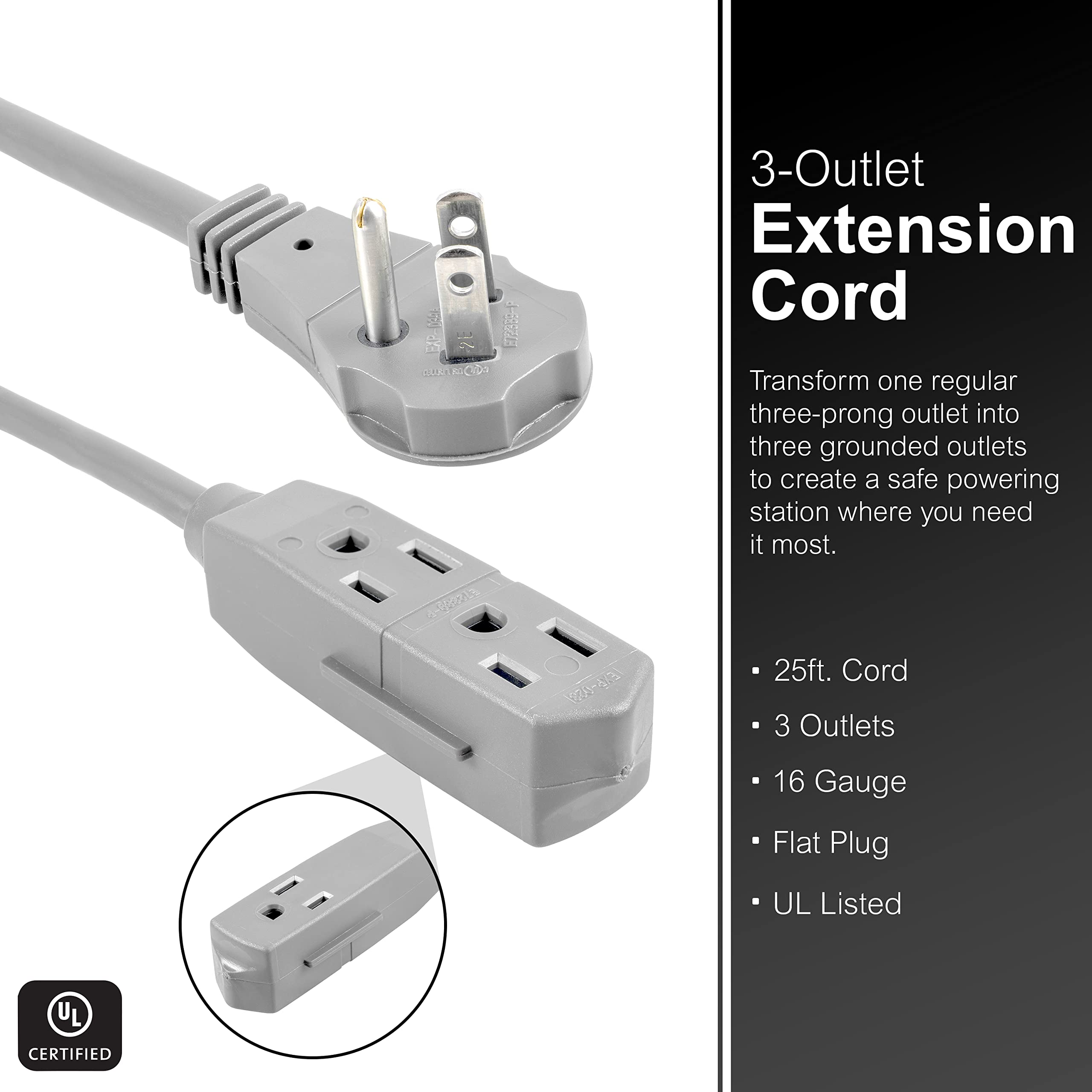 GE Indoor Extension Cord, 25 Ft Power Cable, 3 Grounded Outlets, 3-Prong, Low-Profile Flat Plug, 16 Gauge, UL Listed, Gray, 43025,1 Pack