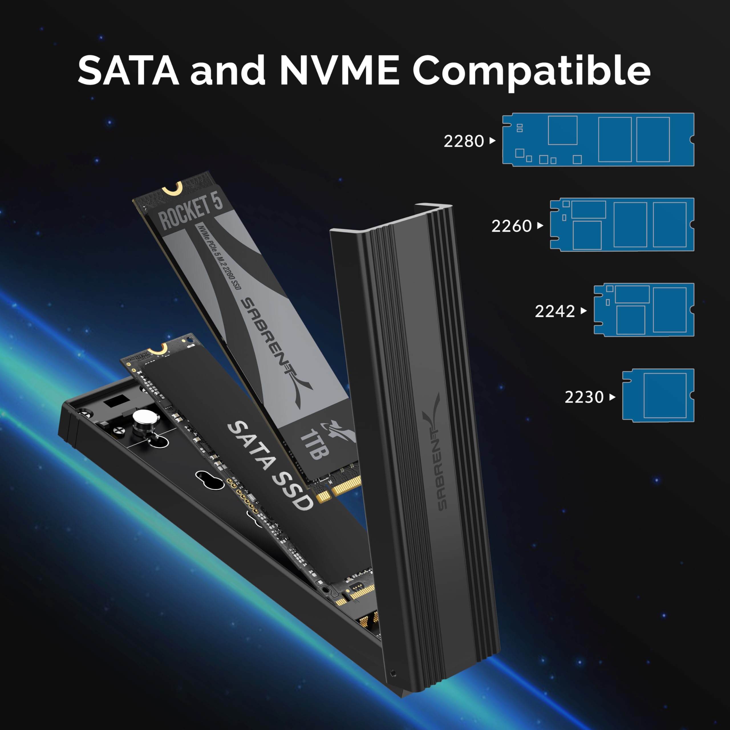 SABRENT M.2 NVMe Enclosure, Tool Free NVMe and SATA