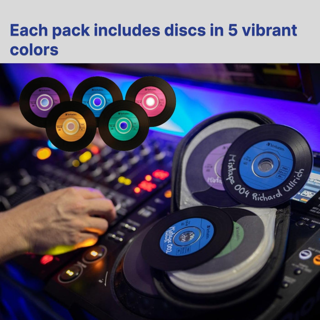 Verbatim CD-R Blank Discs 700MB 80min 52X Recordable Disc for Data and Music with Digital Vinyl Surface - 10pk Slim Case Blue/Green/Orange/Pink/Purple