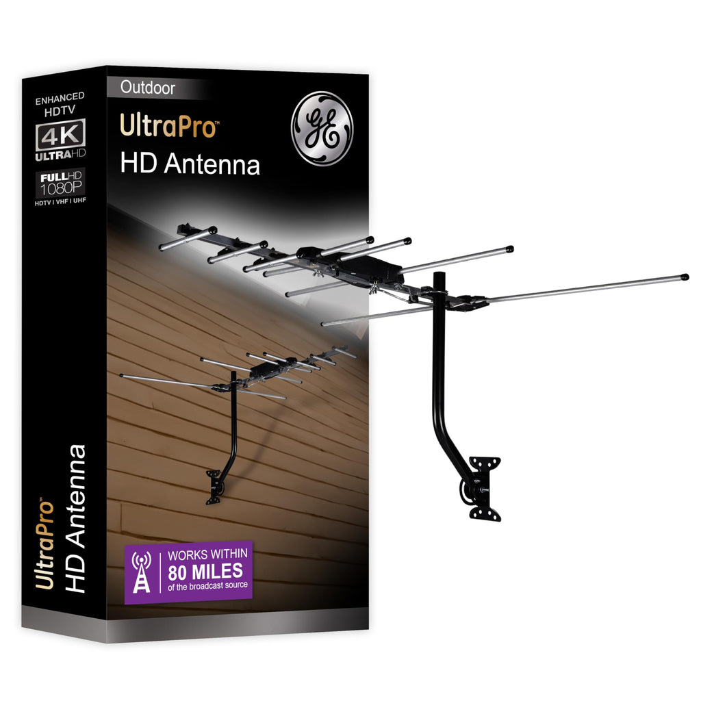 GE Outdoor HD Digital TV Antenna, Long Range OTA HDTV Antenna, Yagi Style Design, Supports 4K 1080P HD Smart TV VHF UHF, J Mount Included for Attic or Outdoor, Weather Resistant, 33685