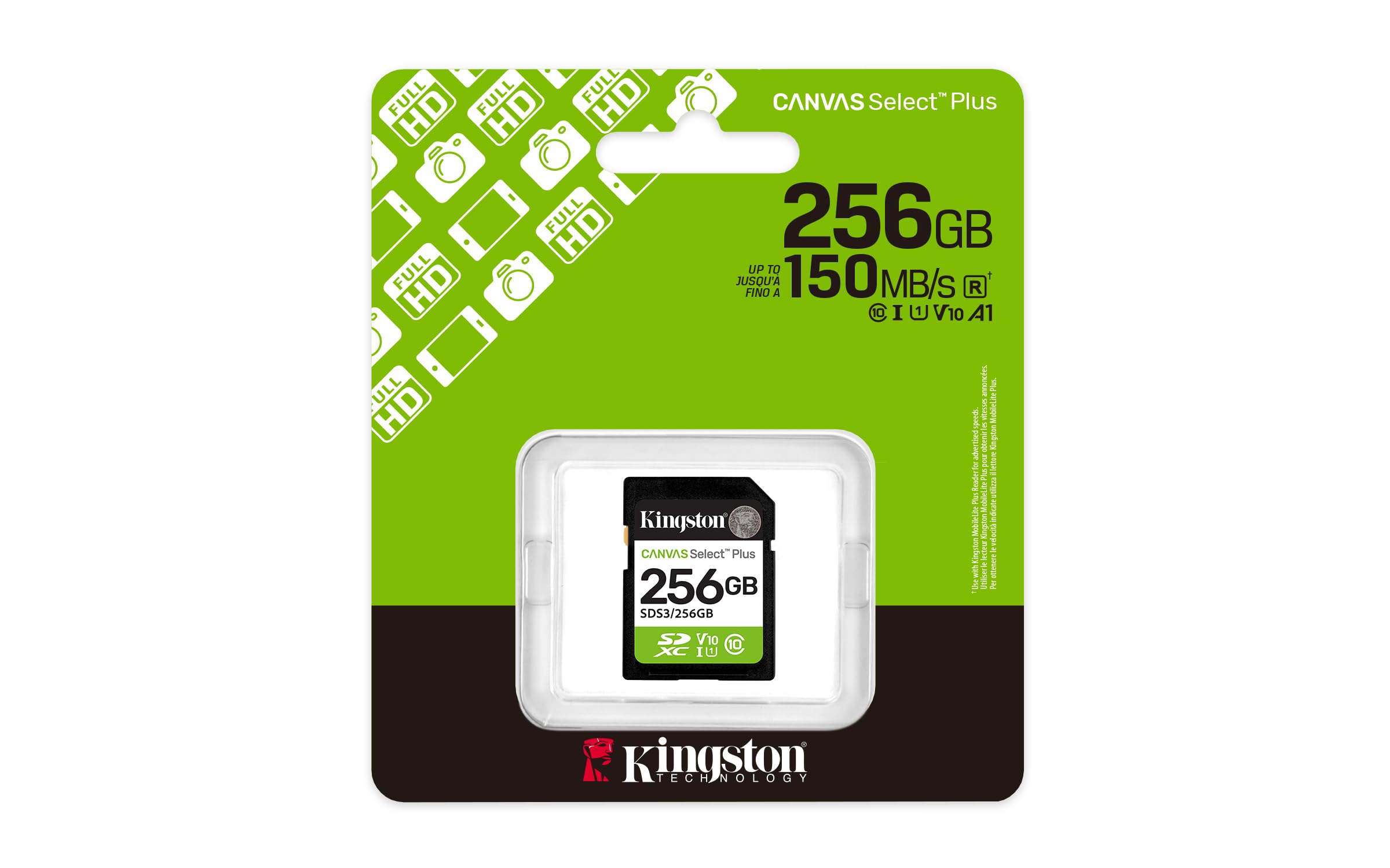 Kingston Canvas Select Plus SD Memory Card 256GB SDXC Gen3 150MB/s C10 UHS-I U1 V10 - SDS3/256GB