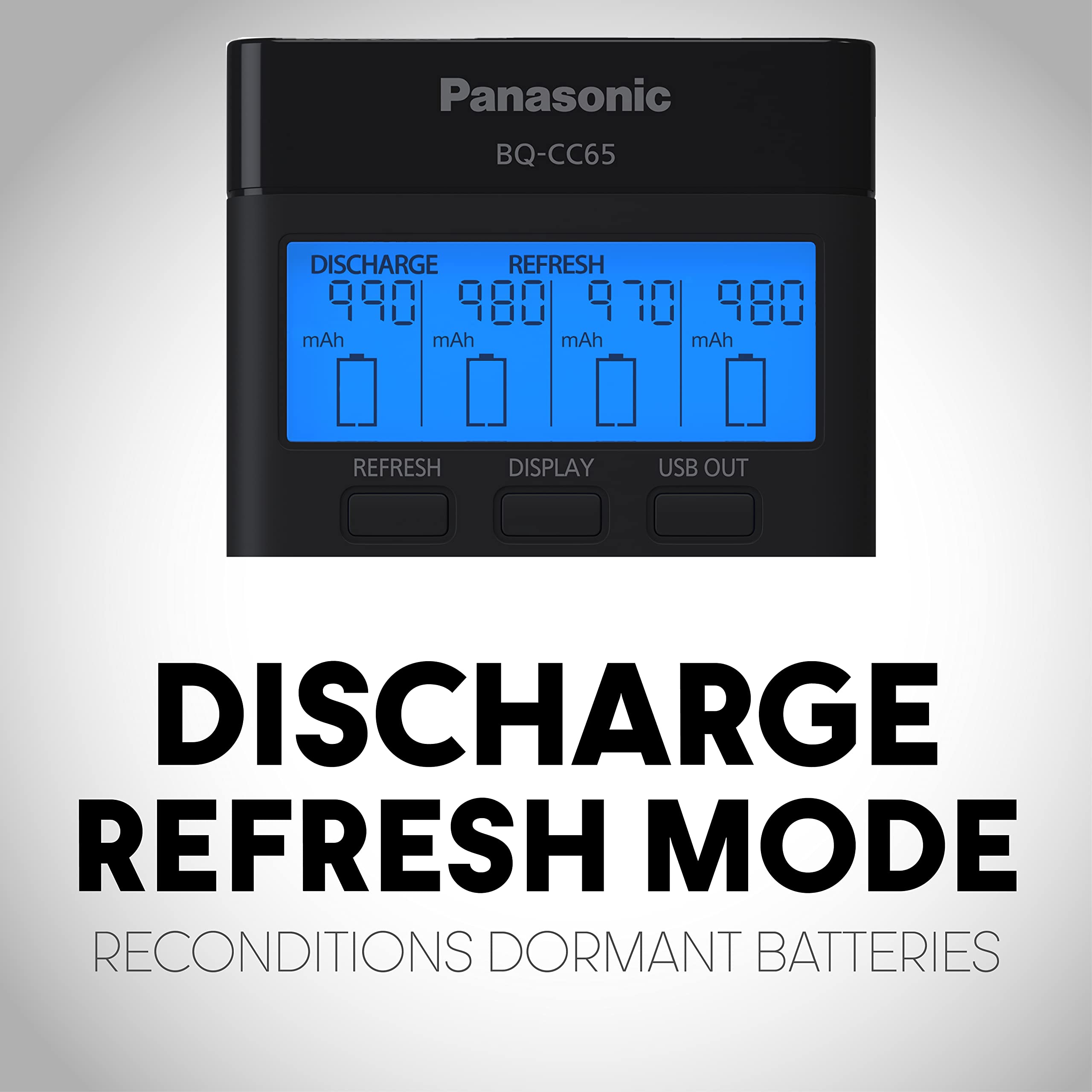 Panasonic K-KJ65KHA4BA Super Advanced 4-Position Quick Charger with LCD Indicator Panel, USB Charging Port and 4AA eneloop pro Rechargeable Batteries, Black