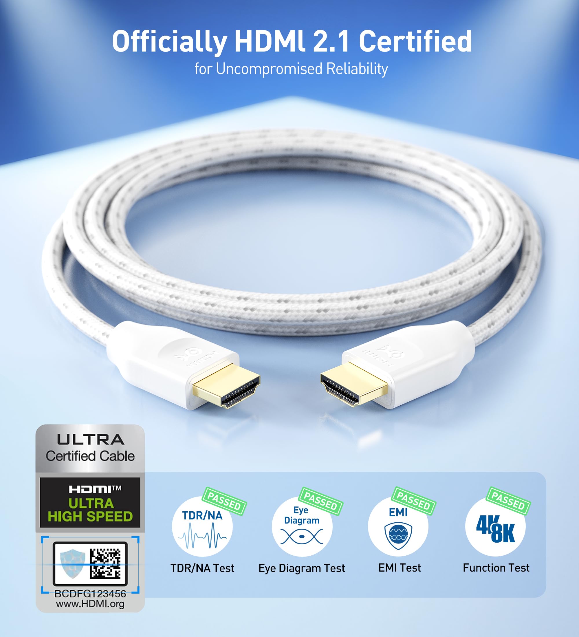 Cable Matters [Ultra High Speed HDMI Certified] Braided 48Gbps 8K HDMI Cable 6.6 ft / 2m with 8K@60Hz, 4K@240Hz and HDR Support for PS5, Xbox Series X/S, RTX3080 / 3090, Apple TV and More in White