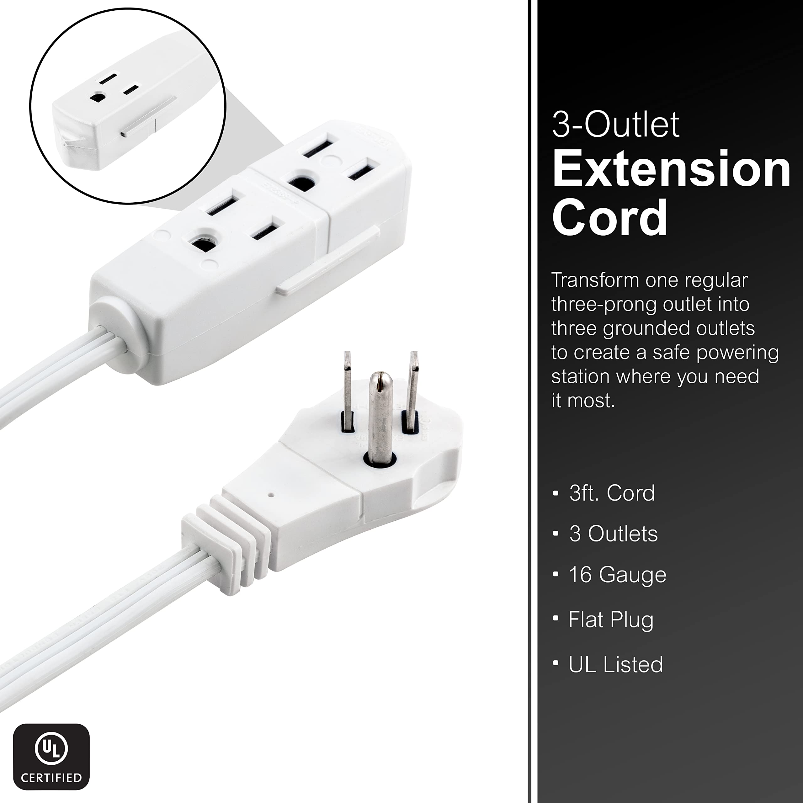 GE Indoor Extension Cord, 3 Ft Power Cable Outlet, 3 Grounded Outlets Power Strip, Right Angle Flat Extension Cord, 16 Gauge, UL Listed, White, 69869