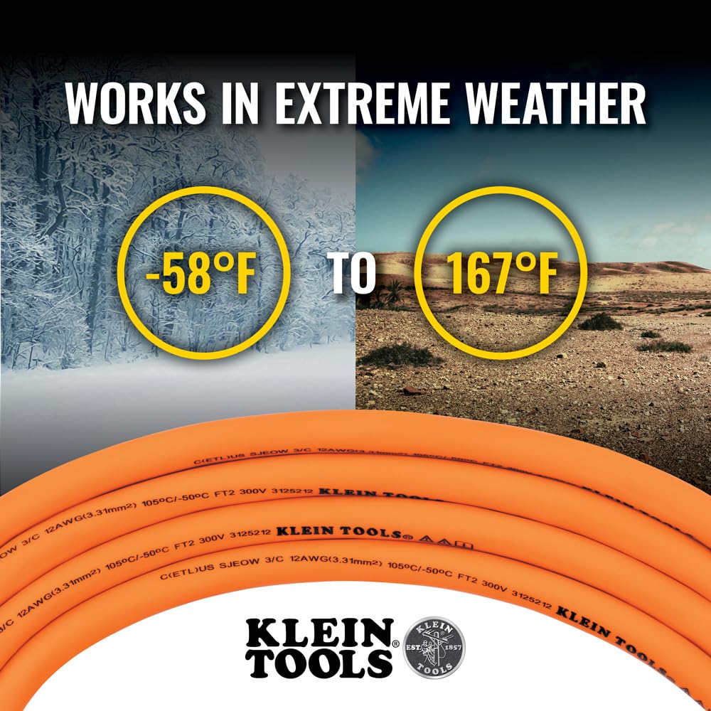 Klein Tools EXC2515 12/3 25-Foot Heavy-Duty Extension Cord with Lighted Ends, 3-Prong, 15A/125V/1875W, Indoor/Outdoor, High Visibility Orange