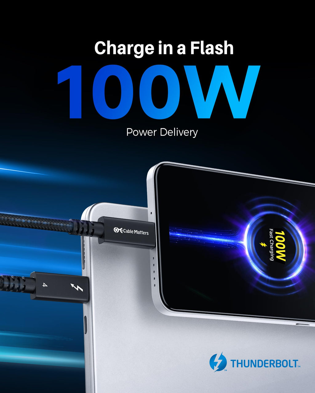 Cable Matters [Intel Certified] Braided 40Gbps Active Thunderbolt 4 Cable 6.6 ft with 100W Charging Power Delivery and 8K Video - Fully Compatible with Thunderbolt 3, USB 4 / USB4, and USB C Port