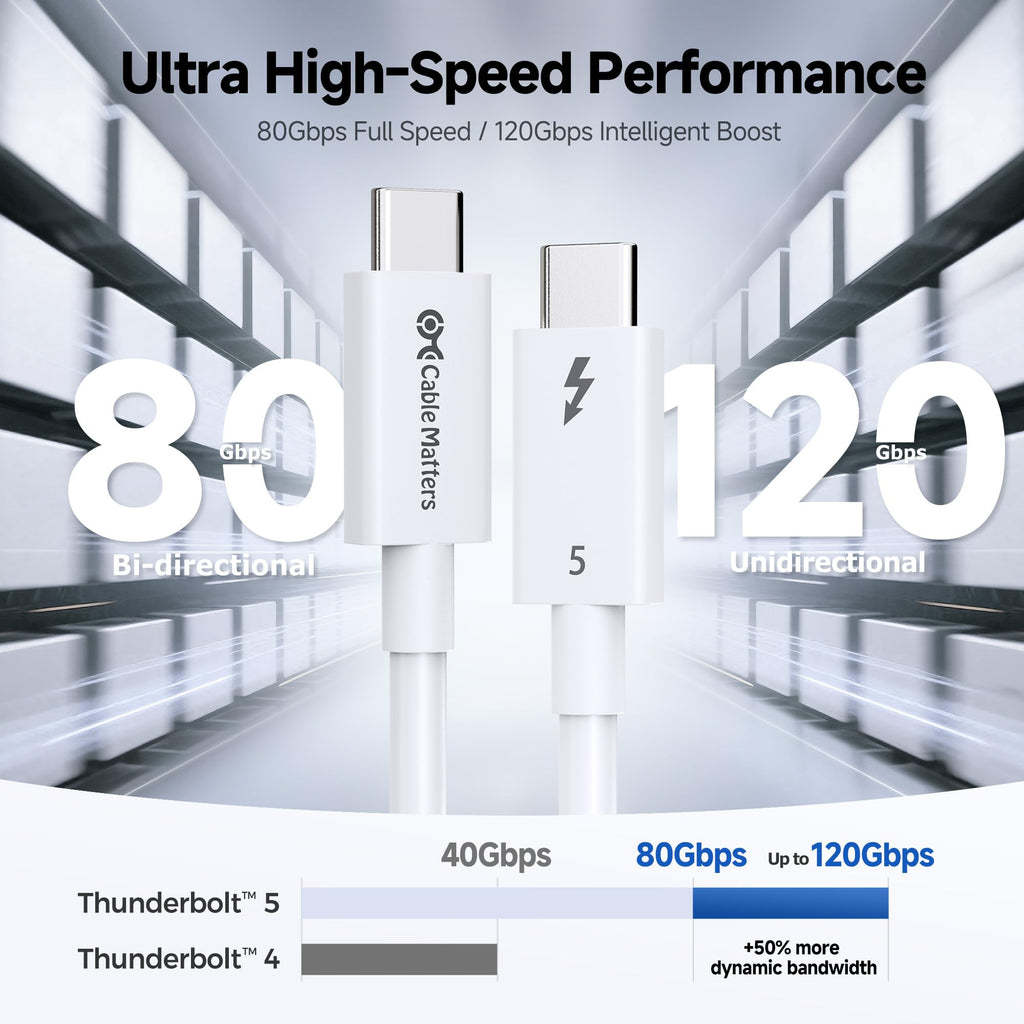 Cable Matters [Intel Certified] 80Gbps Thunderbolt 5 cable with up to 120Gbps bandwidth boost and 240W charging in white - 1m/3.3ft, compatible with Thunderbolt 4, USB 4 and USB-C